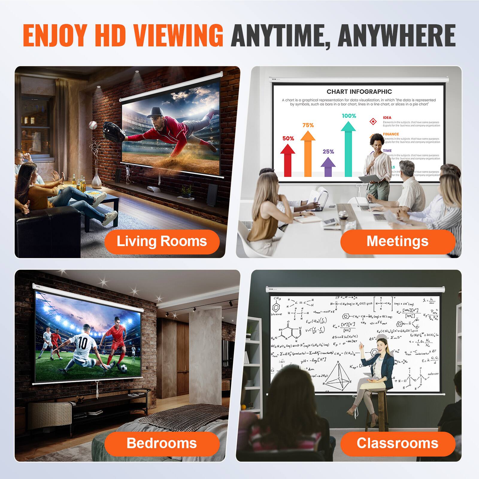 ENJOY HD VIEWING ANYTIME, ANYWHERE

- **Living Rooms**
- **Meetings**
- **Bedrooms**
- **Classrooms**

**CHART INFOGRAPHIC**

A chart is a graphical representation for data visualization, which is a pictorial representation of data that is represented by symbols such as bars, lines, pie charts, etc.

- **75%**
- **100%**
- **25%**

**FINANCE**
**TIME**