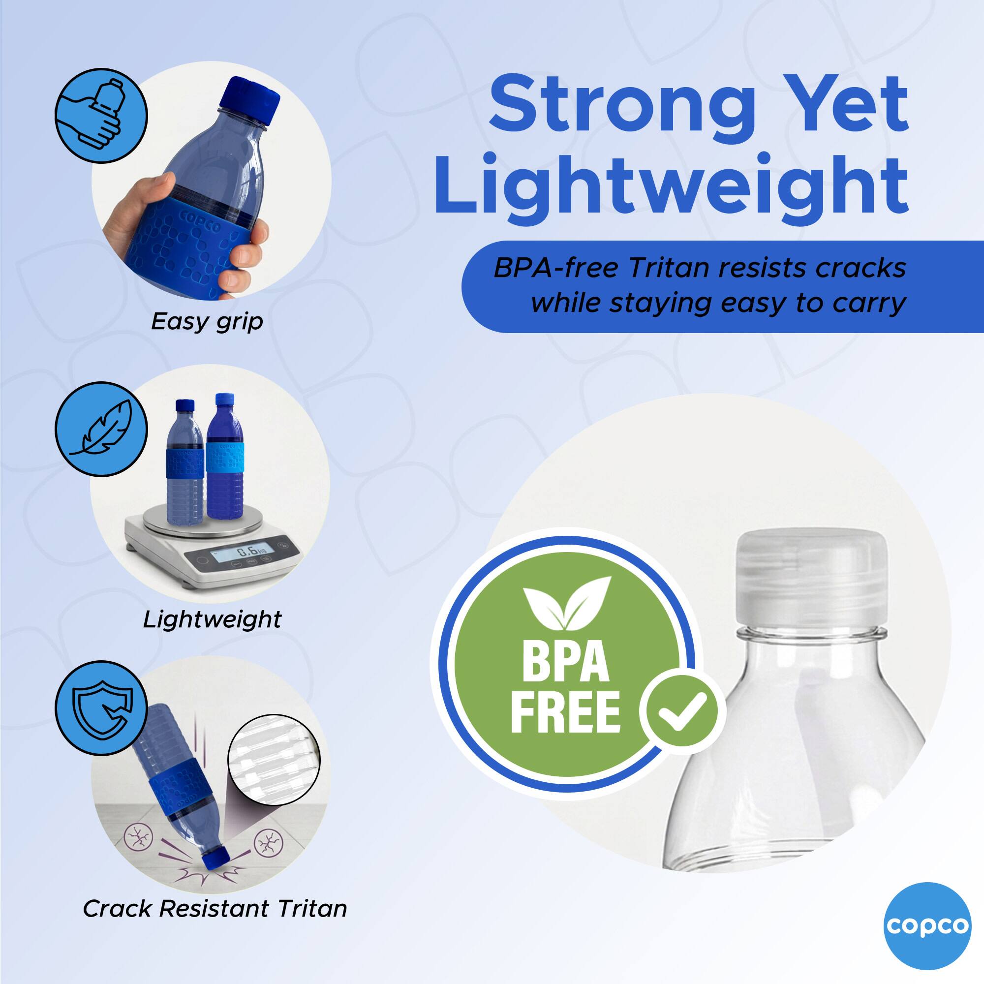 Easy grip  
Strong Yet Lightweight  
BPA-free Tritan resists cracks while staying easy to carry  
Lightweight  
BPA FREE  
Crack Resistant Tritan