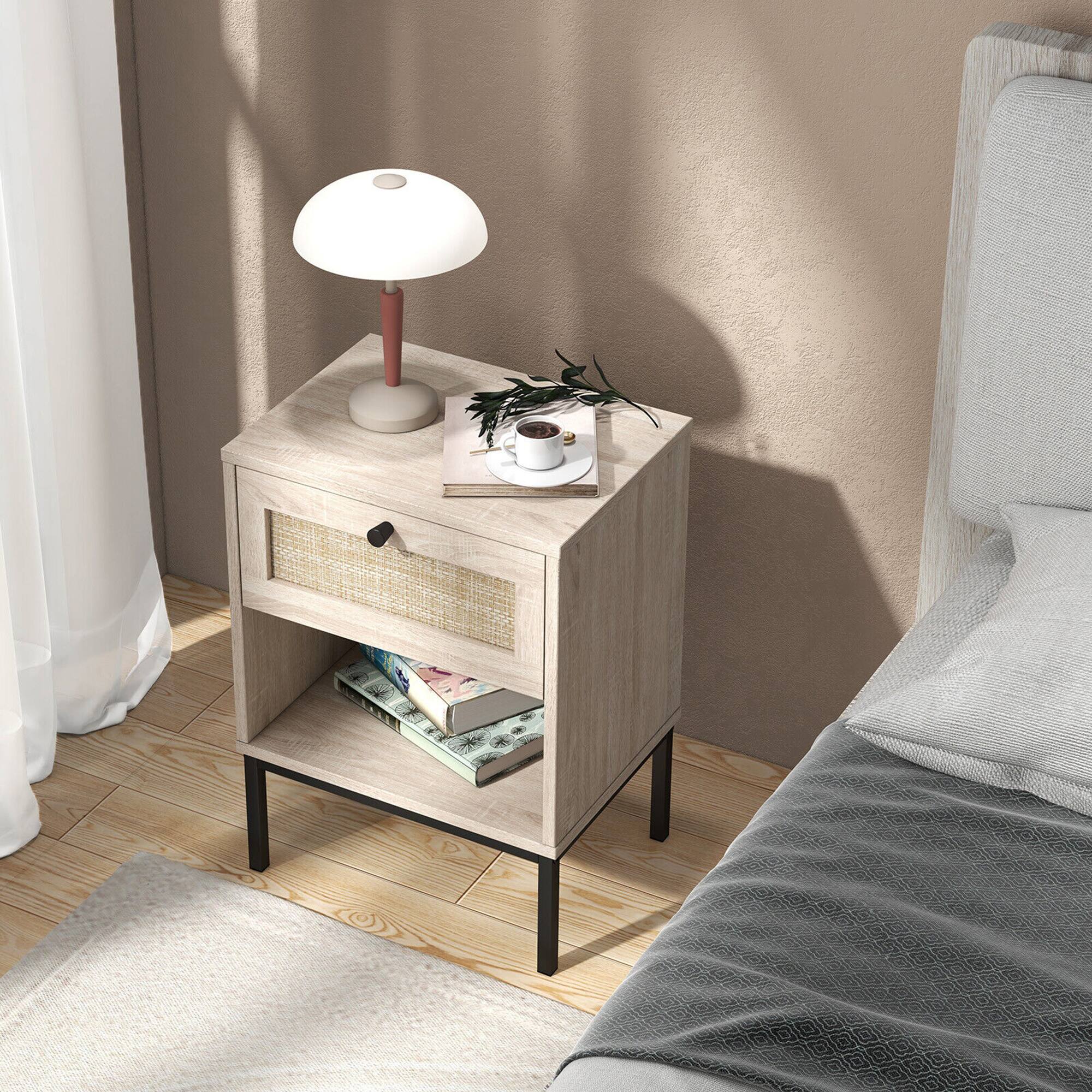 Alt View 14. Costway - Rattan Nightstand Boho End Table with Drawer & Open Shelf for Living Room - Oak.