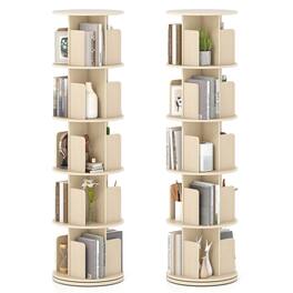 Costway - 2 PCS 5-Tier Rotating Bookshelf 360° Display Rack Dividers & Anti-falling Baffles - Natural