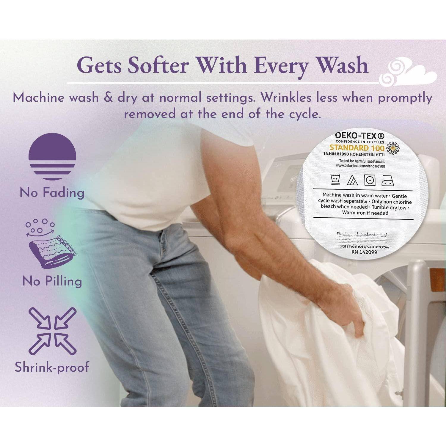 Gets Softer With Every Wash

Machine wash & dry at normal settings. Wrinkles less when promptly removed at the end of the cycle.

- No Fading
- No Pilling
- Shrink-proof

OEKO-TEX® CONFIDENCE TEXTILES STANDARD 100
16.HIN.81990 HOHENSTEIN HTTI
www.oeko-tex.com/standard100

Machine wash in warm water. Gentle cycle wash separately. Only non chlorine bleach when needed. Tumble dry low. Warm iron if needed.

RN 142099