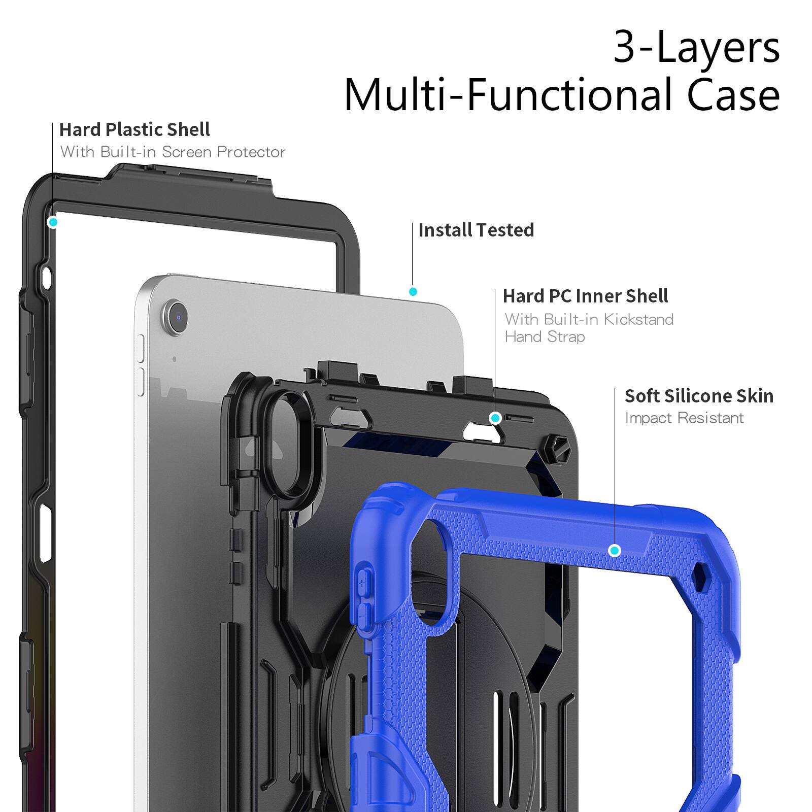 3-Layers Multi-Functional Case

- Hard Plastic Shell With Built-in Screen Protector
- Install Tested
- Hard PC Inner Shell With Built-in Kickstand Hand Strap
- Soft Silicone Skin Impact Resistant