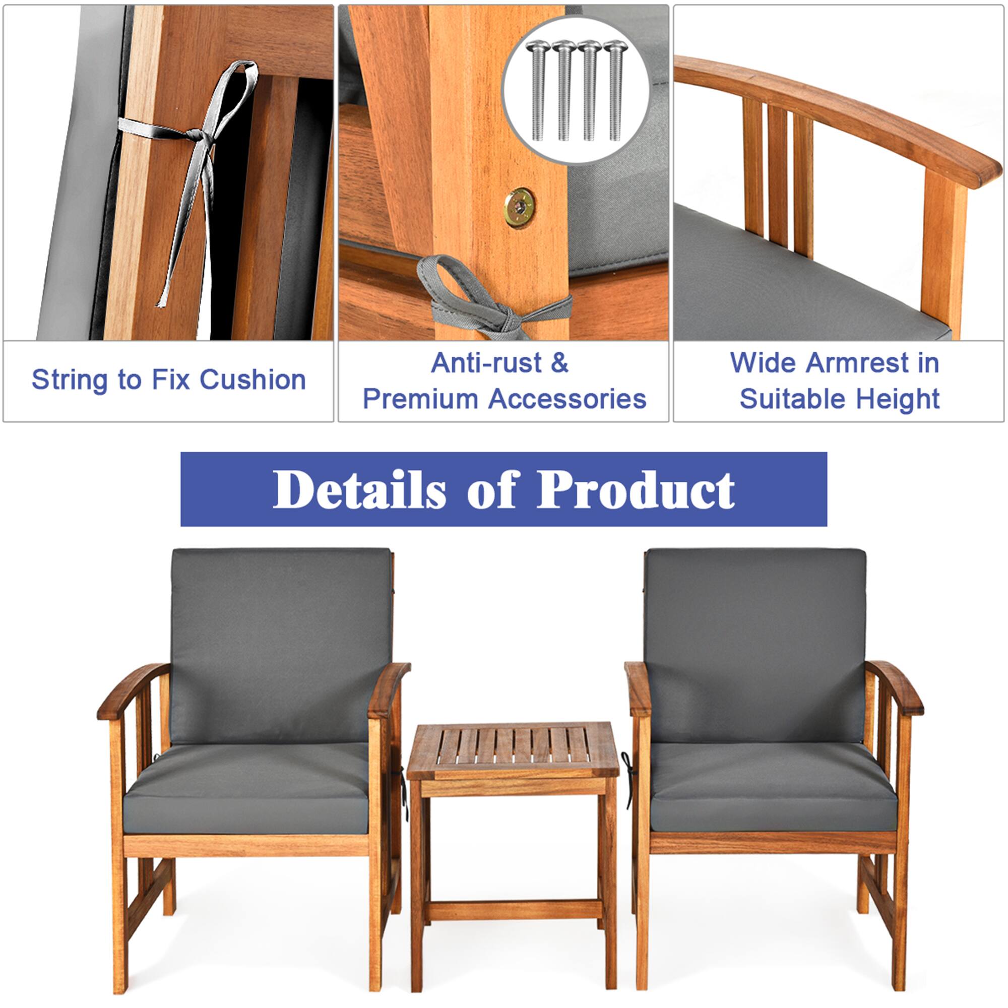 Details of Product, Anti-rust & Premium Accessories, String to Fix Cushion, Wide Armrest in Suitable Height