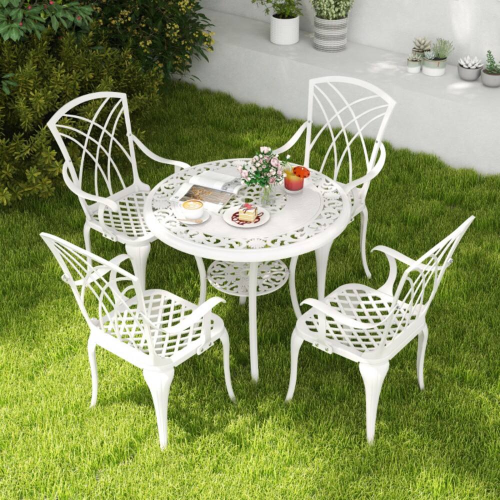 Angle. Mondawe - 5 Piece Patio Bistro Table Chair Set with Umbrella Hole and Aluminum Frame - White.