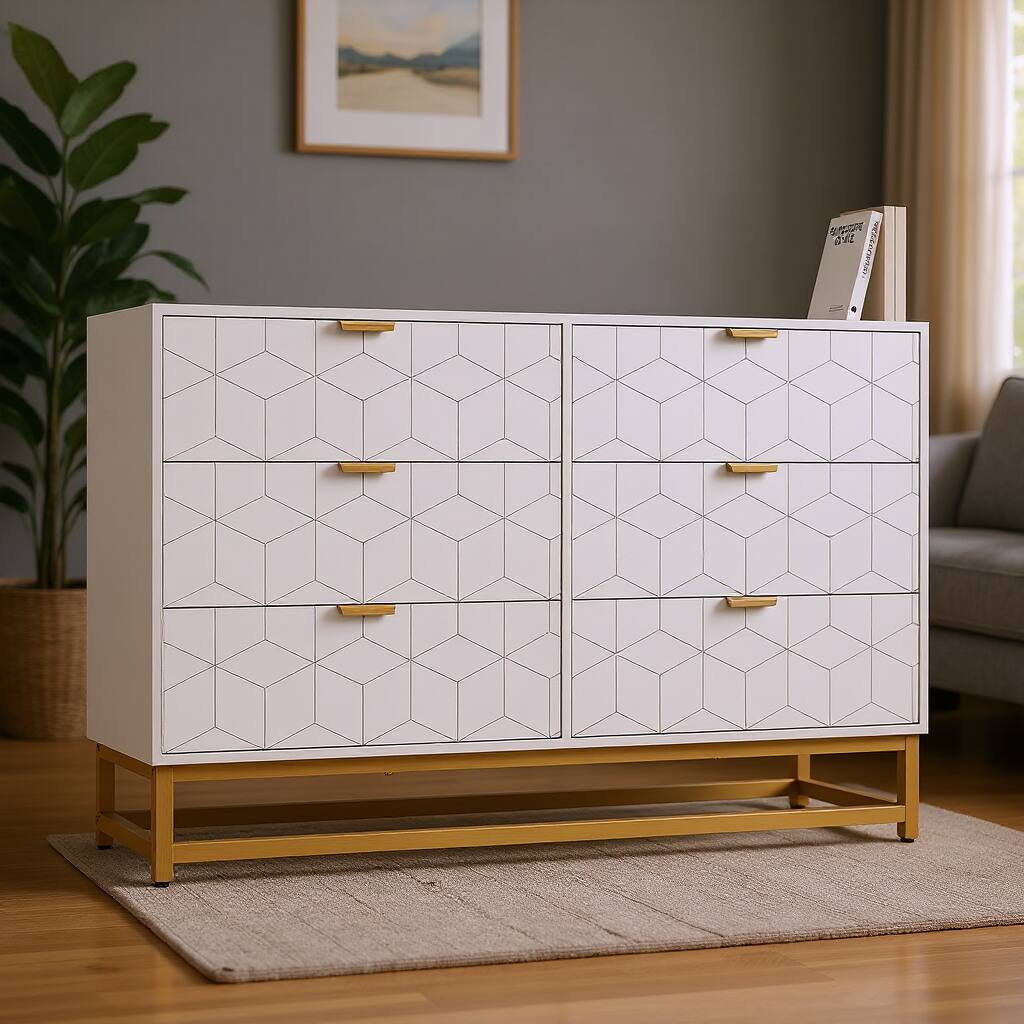 Front. Acekool - 6 Drawer Dresser, with Gold Handles, for TV Stand & Closet - White.