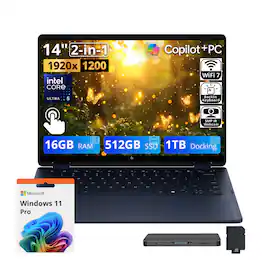 HP - Upgraded - OmniBook X Flip 2-in-1 14" Touch Laptop,Ultra 5 322,16GB RAM,512GB SSD+1TB Dock,Backlit,Win 11 Pro - Atmospheric Blue