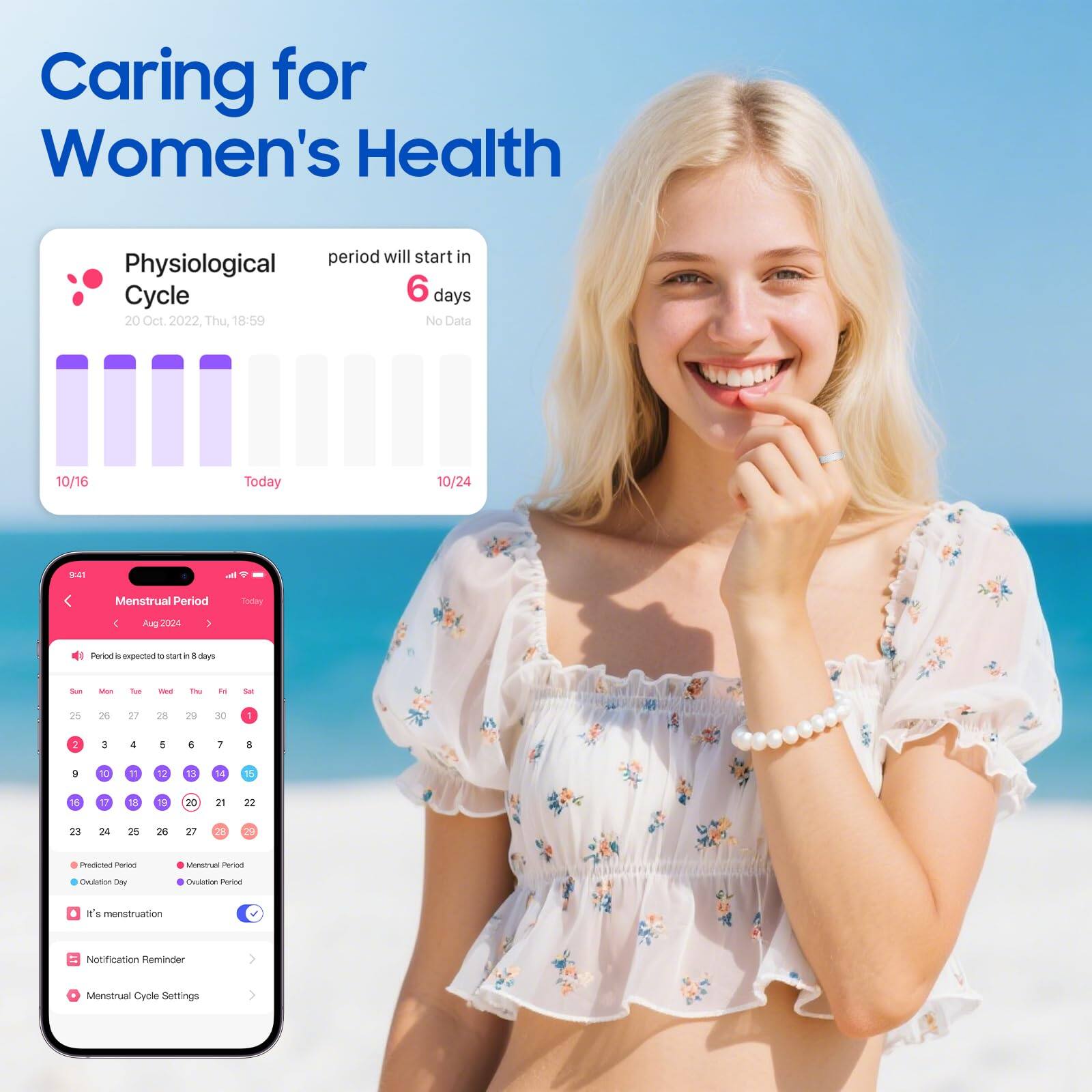 Caring for Women's Health

Physiological Cycle
period will start in 6 days
20 Oct 2022 Thu 18:59
No Data
10/16 Today 10/24

Menstrual Period
Today - Aug 2004

Notification Reminder
Menstrual Cycle Settings
