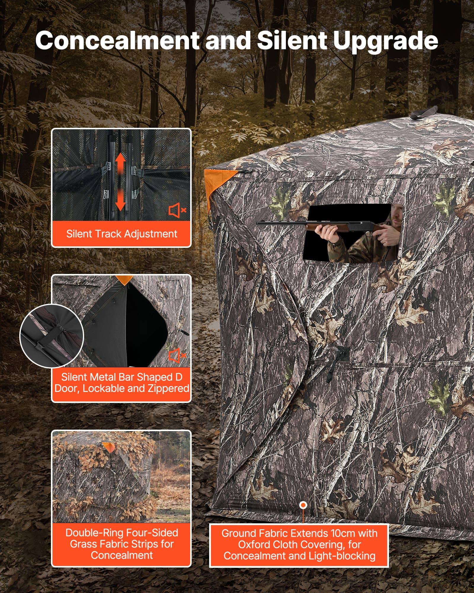 Concealment and Silent Upgrade

- Silent Track Adjustment
- Silent Metal Bar Shaped D Door, Lockable and Zippered
- Double-Ring Four-Sided Grass Fabric Strips for Concealment
- Ground Fabric Extends 10cm with Oxford Cloth Covering, for Concealment and Light-blocking