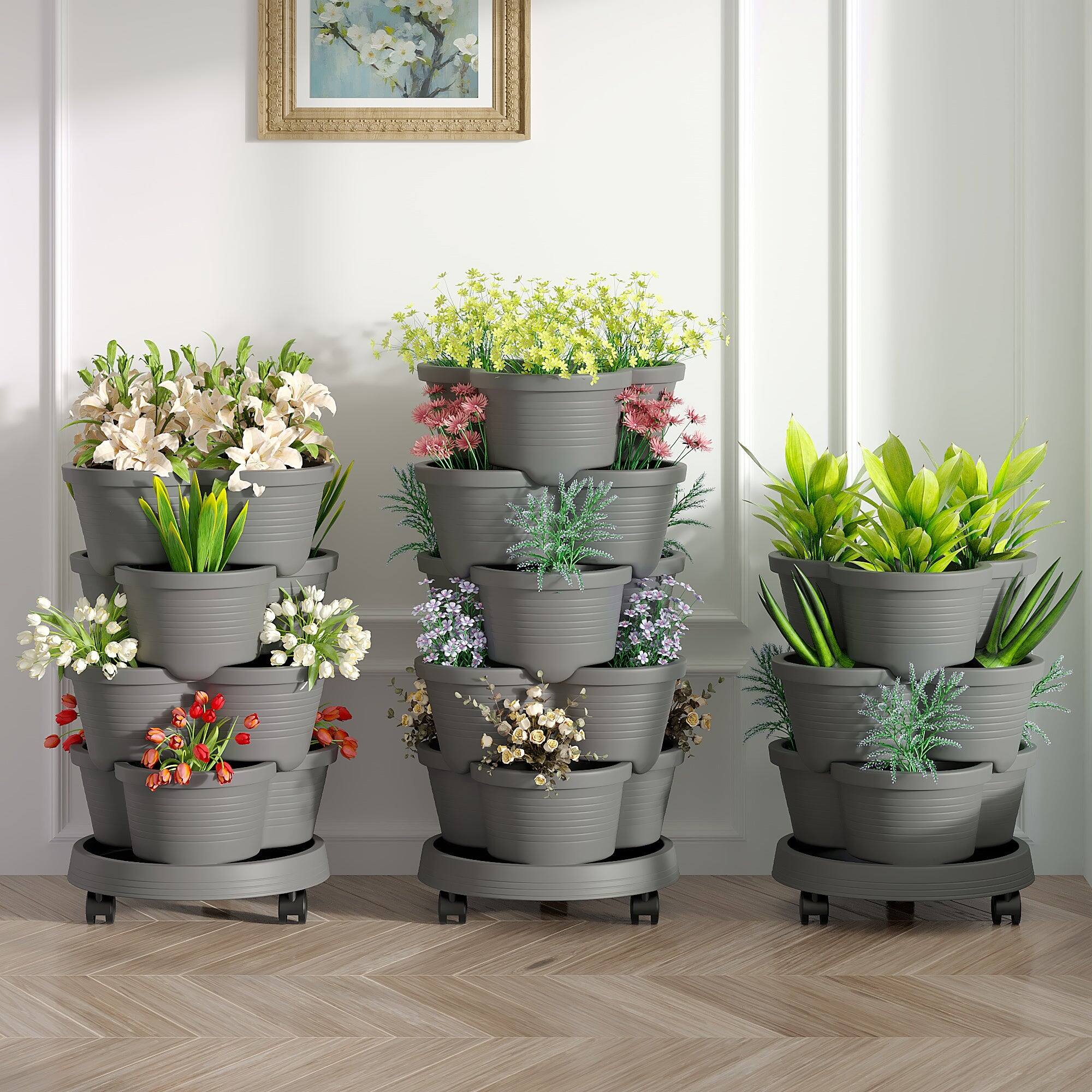 Angle. Vecelo - 5-Tier Stackable Vertical Garden Planter with Drainage and Wheels for Indoor Outdoor Strawberry & Herb Growing.