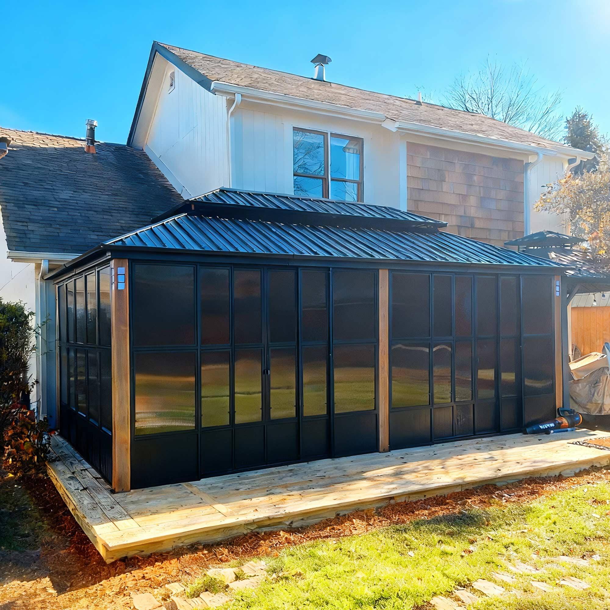 Angle. PURPLE LEAF - Sunroom Outdoor Hardtop Gazebo  Wood Grain Aluminum Frame Galvanized Steel Double Roof All-Weather Screen House - 12' X 20'.