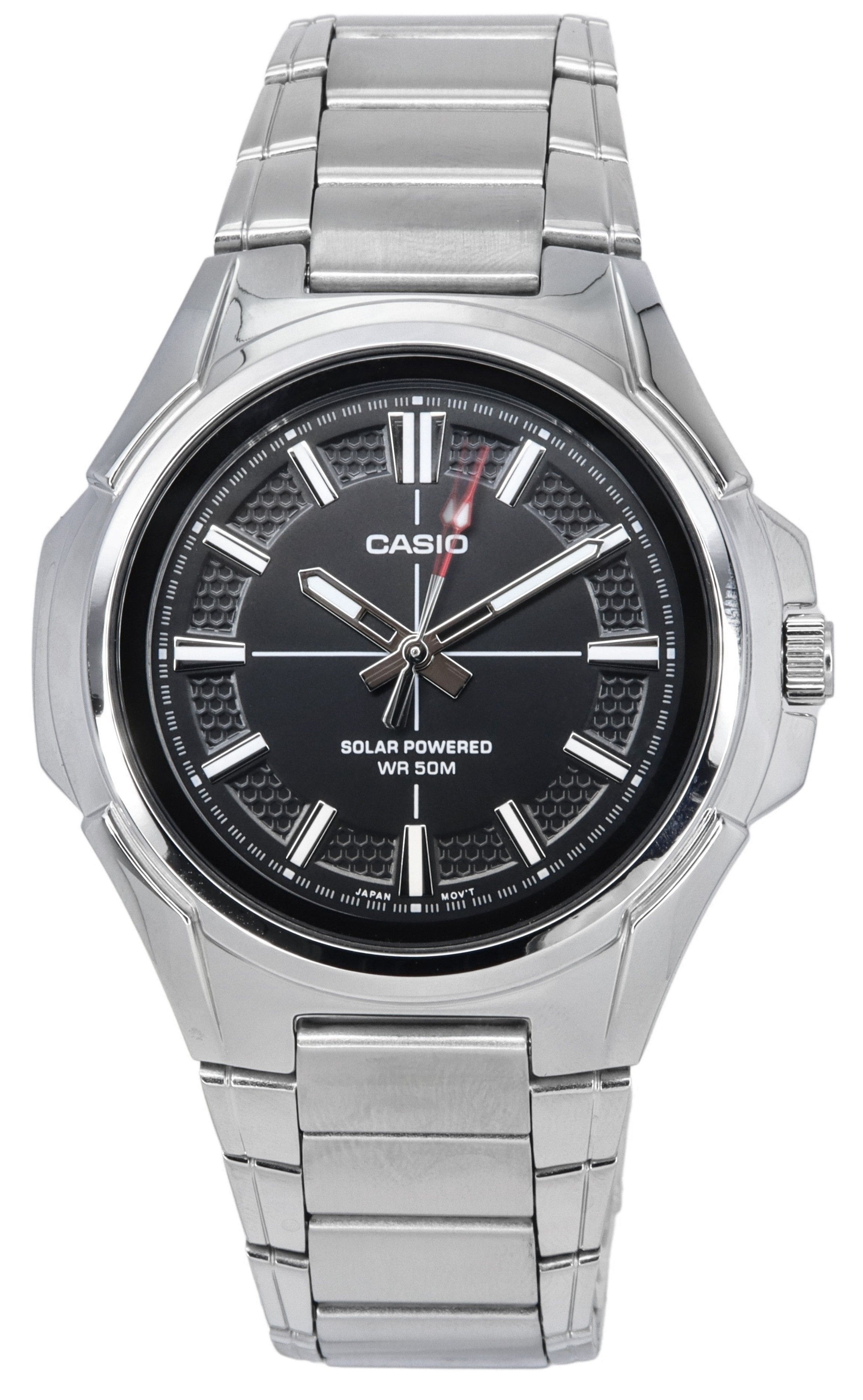 Casio - Analog Solar Powered MTP-RS100D-1A Mens Watch Stainless Steel Black Dial Luminous Hands 50M - Silver/Black