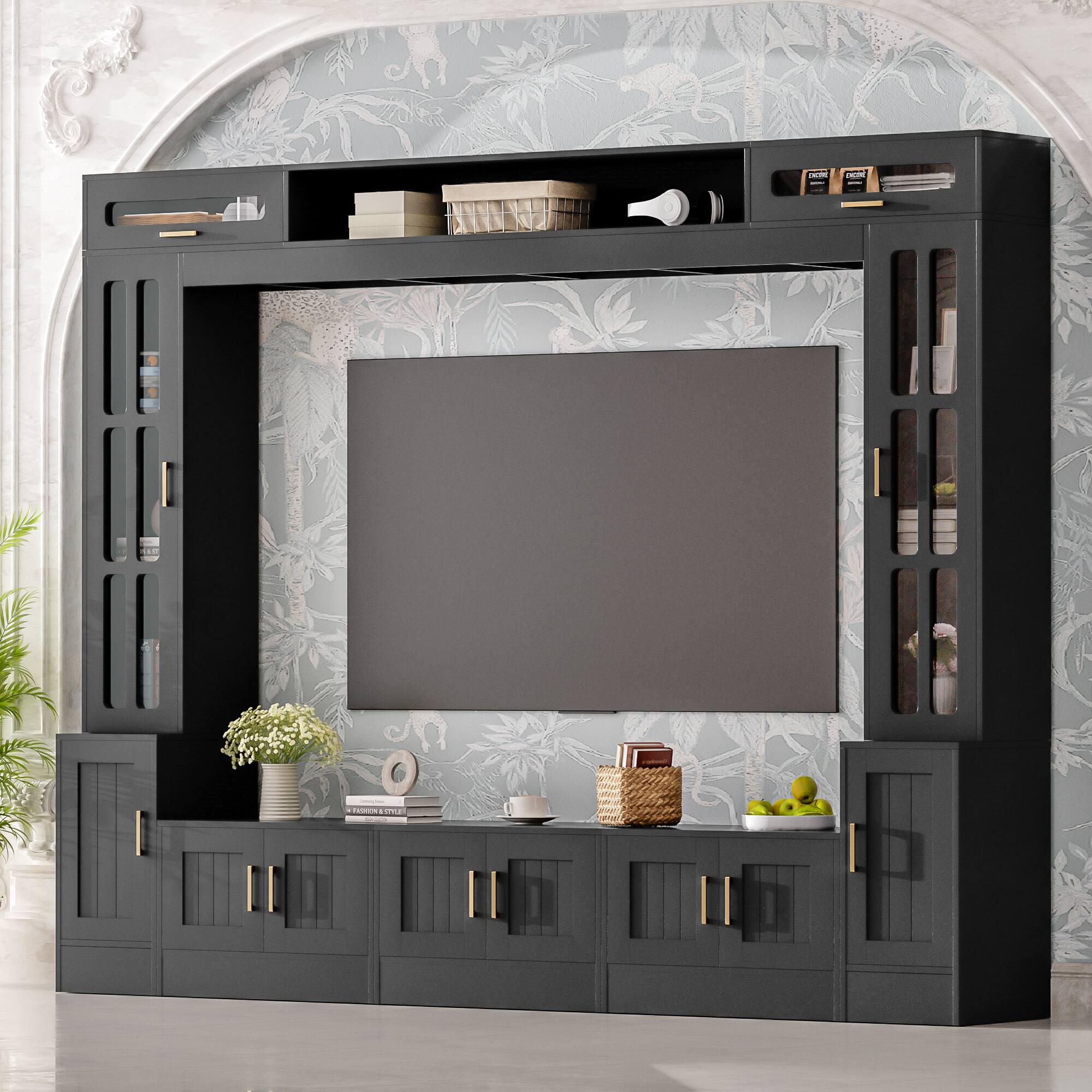 Alt View 1. PexFix - Modern Entertainment Center for 80" TVs, Wall Unit with Bookshelves, Glass Door Cabinets & Adjustable Shelves - Black.