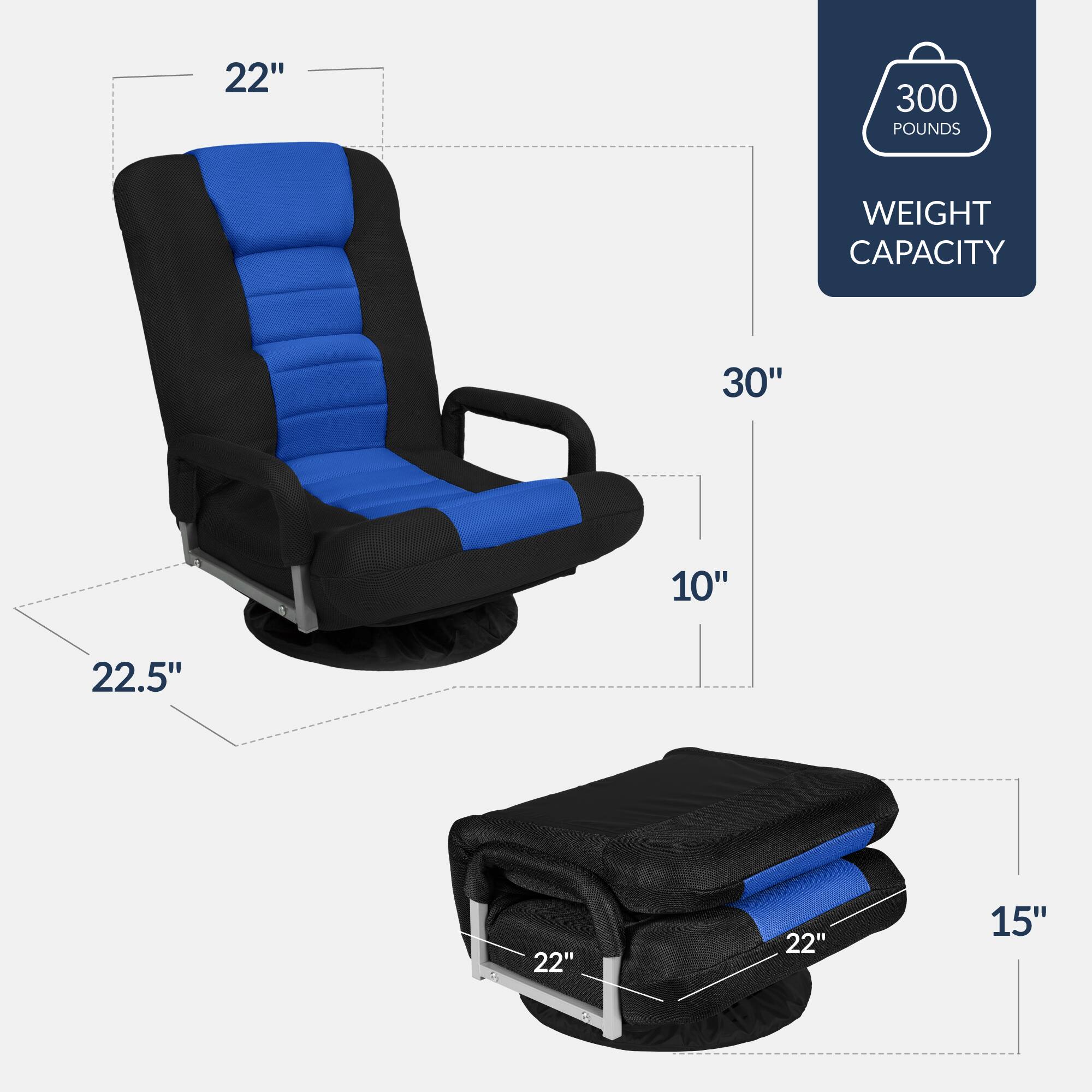 - 22" (width of the chair)
- 30" (depth of the chair)
- 10" (height of the backrest)
- 22.5" (height of the chair)
- 15" (depth of the footrest)
- 22" (width of the footrest)
- 300 pounds weight capacity