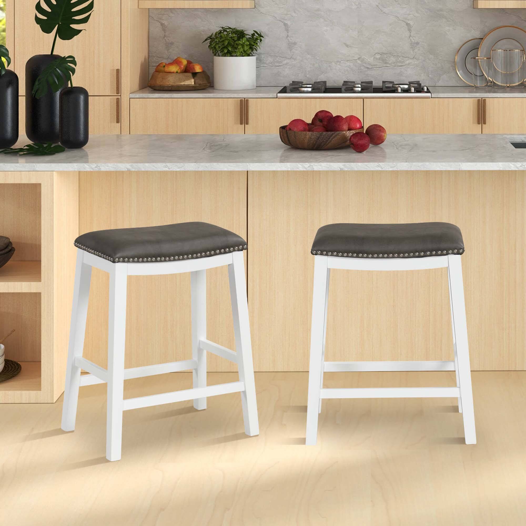 Alt View 3. Costway - 26-Inch Bar Stool Set of 2 Counter Height Saddle Stools with Upholstered Seat - Gray+White.