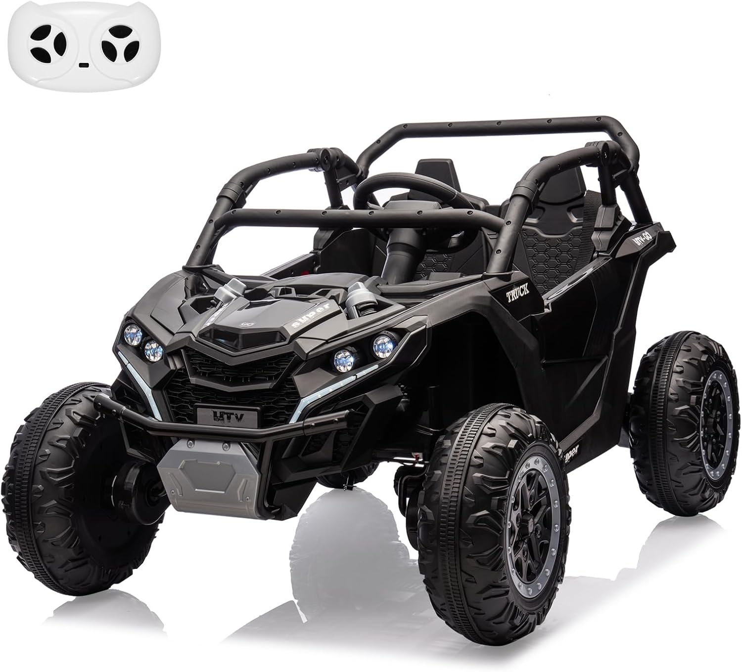 GARVEE - 24V 4WD 2-Seater Ride-On UTV for Kids, 4×75W Motors, Remote Control, LED Lights, Music, Shock Absorbers, 7Ah Battery - Black