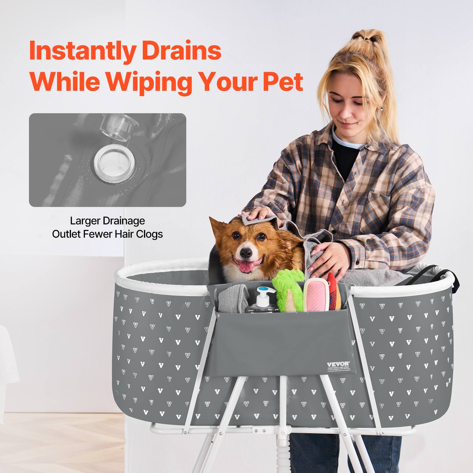 Instantly Drains While Wiping Your Pet

Larger Drainage Outlet Fewer Hair Clogs

VEVOR