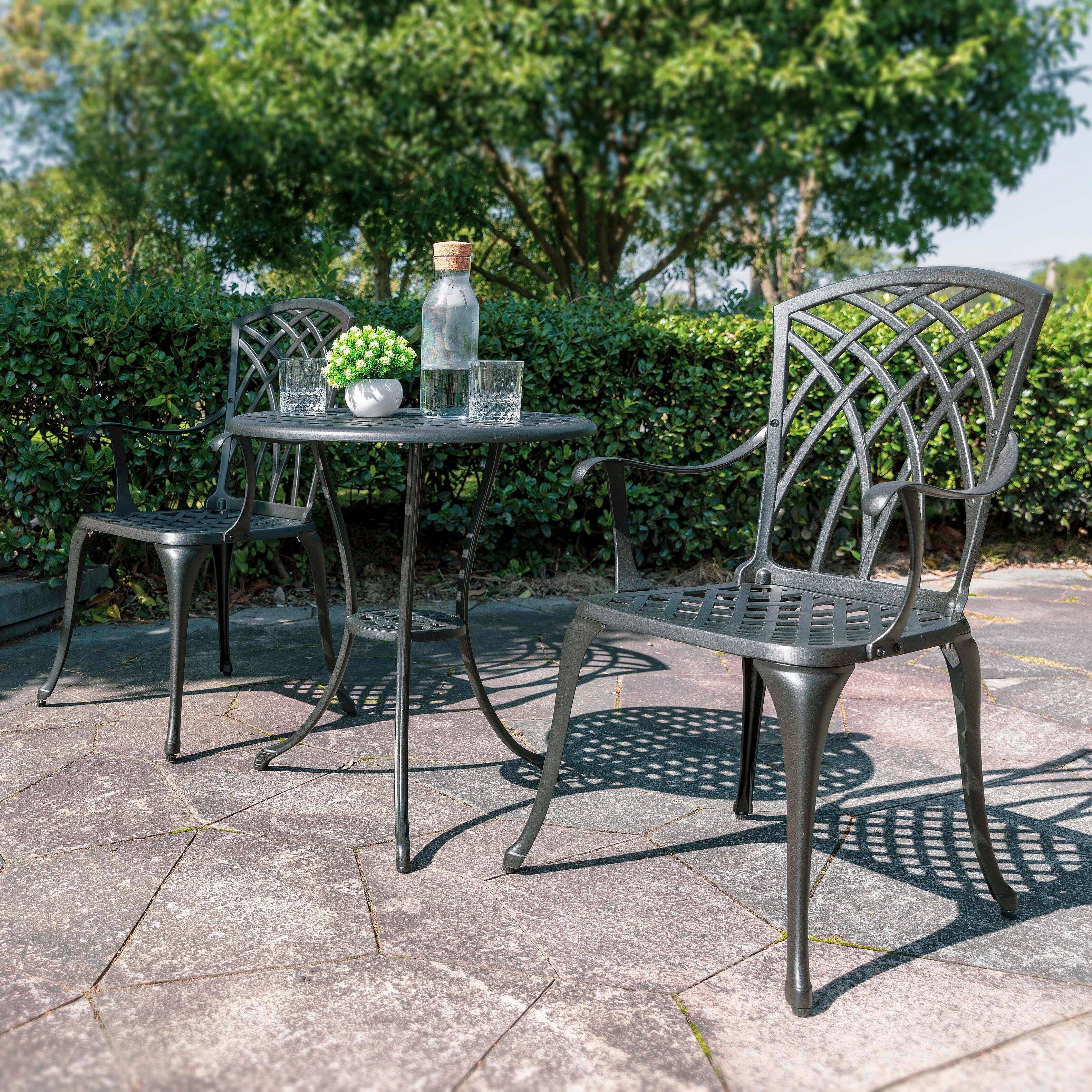 Alt View 6. Nuu Garden - 24 Inch Cast Aluminum Bistro Table with Umbrella Hole and 2 Bistro Chairs - Black.