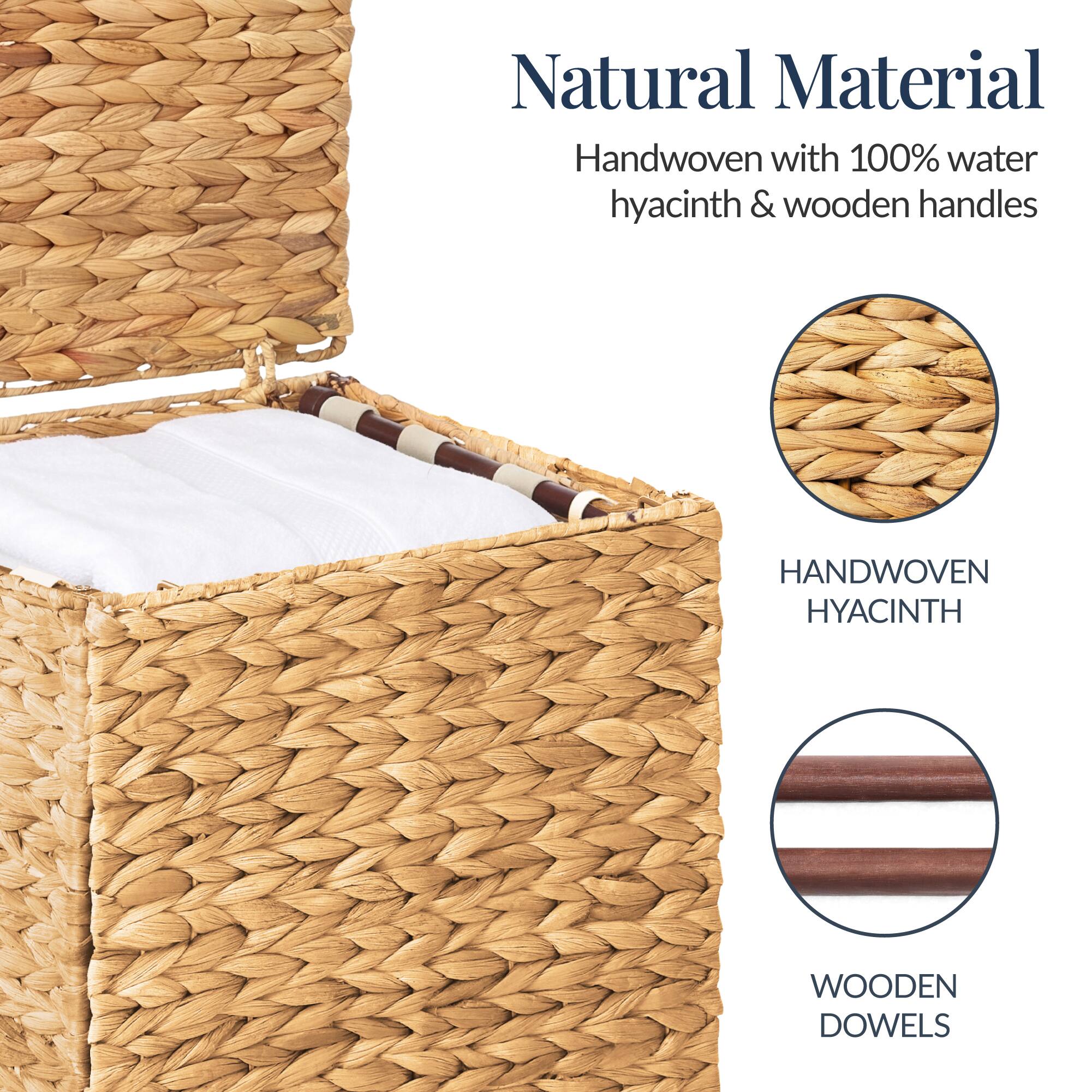 Natural Material  
Handwoven with 100% water hyacinth & wooden handles  

HANDWOVEN HYACINTH  
WOODEN DOWELS
