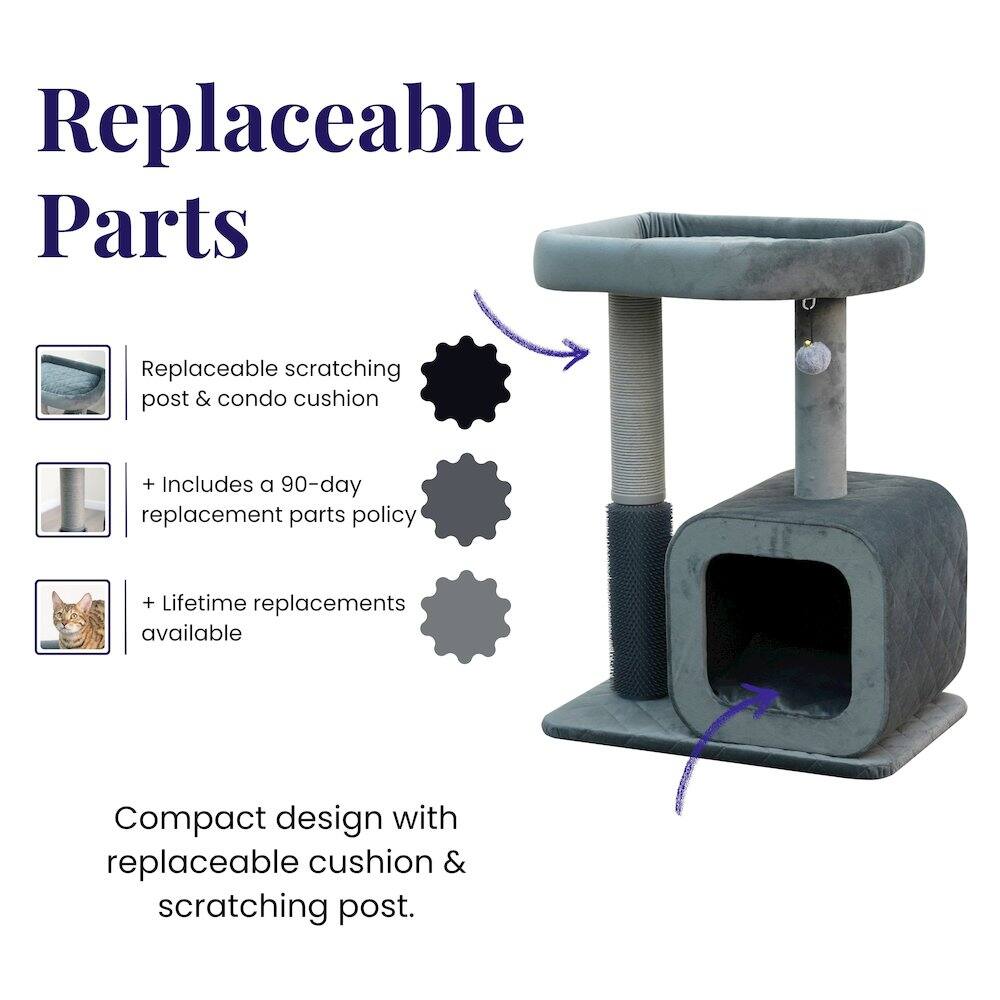 Replaceable Parts  
- Replaceable scratching post & condo cushion  
- Includes a 90-day replacement parts policy  
- Lifetime replacements available  

Compact design with replaceable cushion & scratching post.