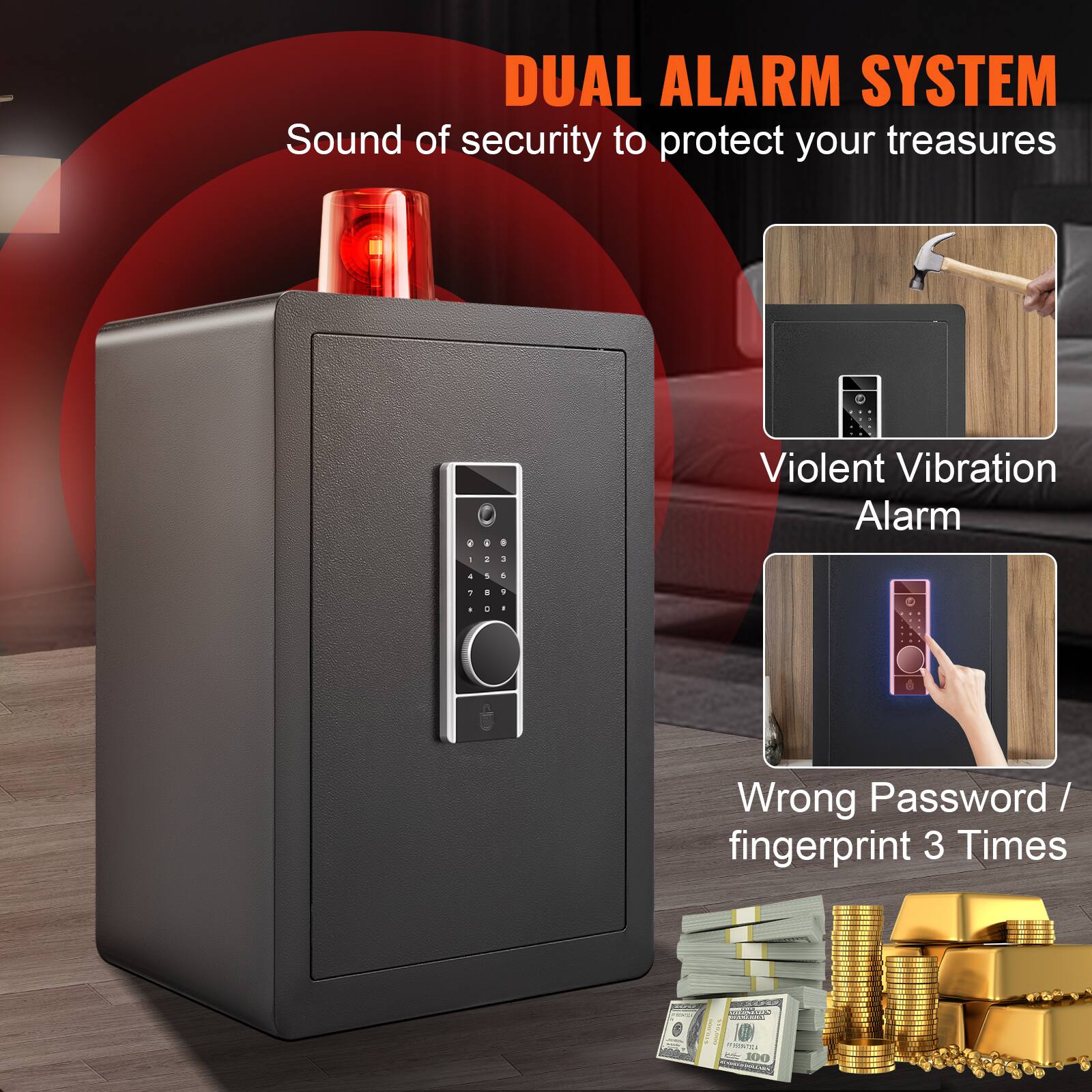 DUAL ALARM SYSTEM, Sound of security to protect your treasures, Violent Vibration Alarm, Wrong Password/fingerprint 3 Times