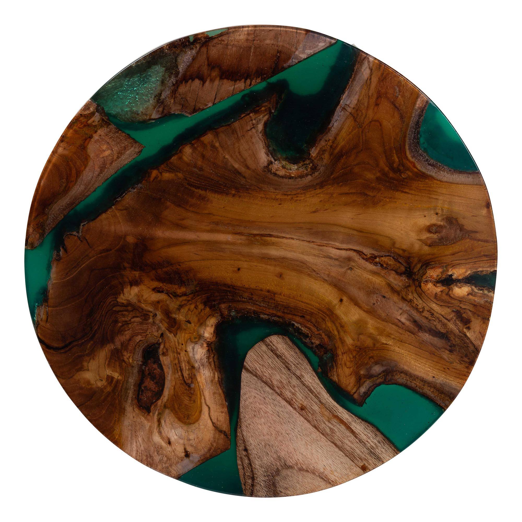 Back. bali & pari - Amada Teak Wood Epoxy Resin End Table - Round Live Edge Side Table with Branch Legs, Handcrafted Rustic Accent Table - Natural Brown/Green.
