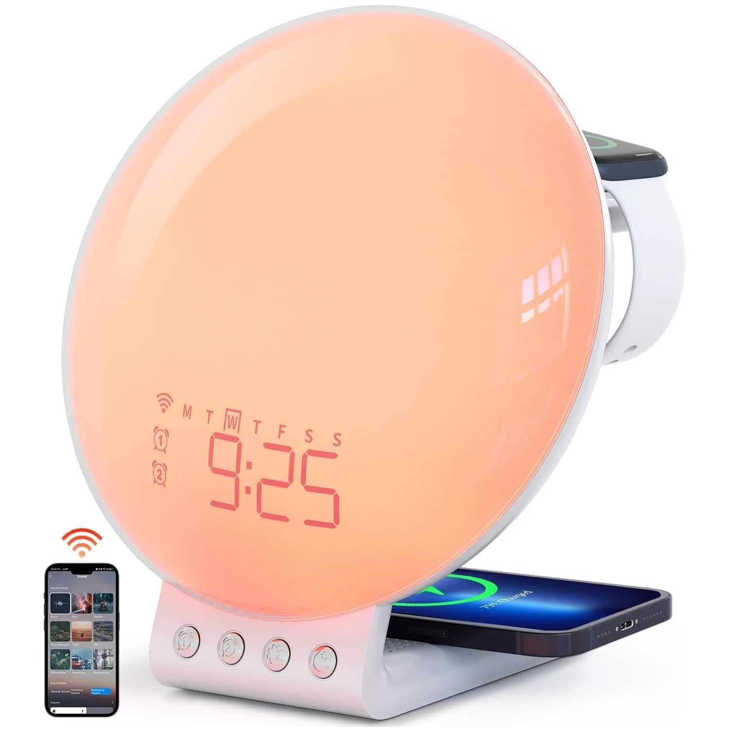 Dazzed Corner - Smart Sunrise Alarm Clock with Wireless Charging, Noise Sleep Sounds Machine - White