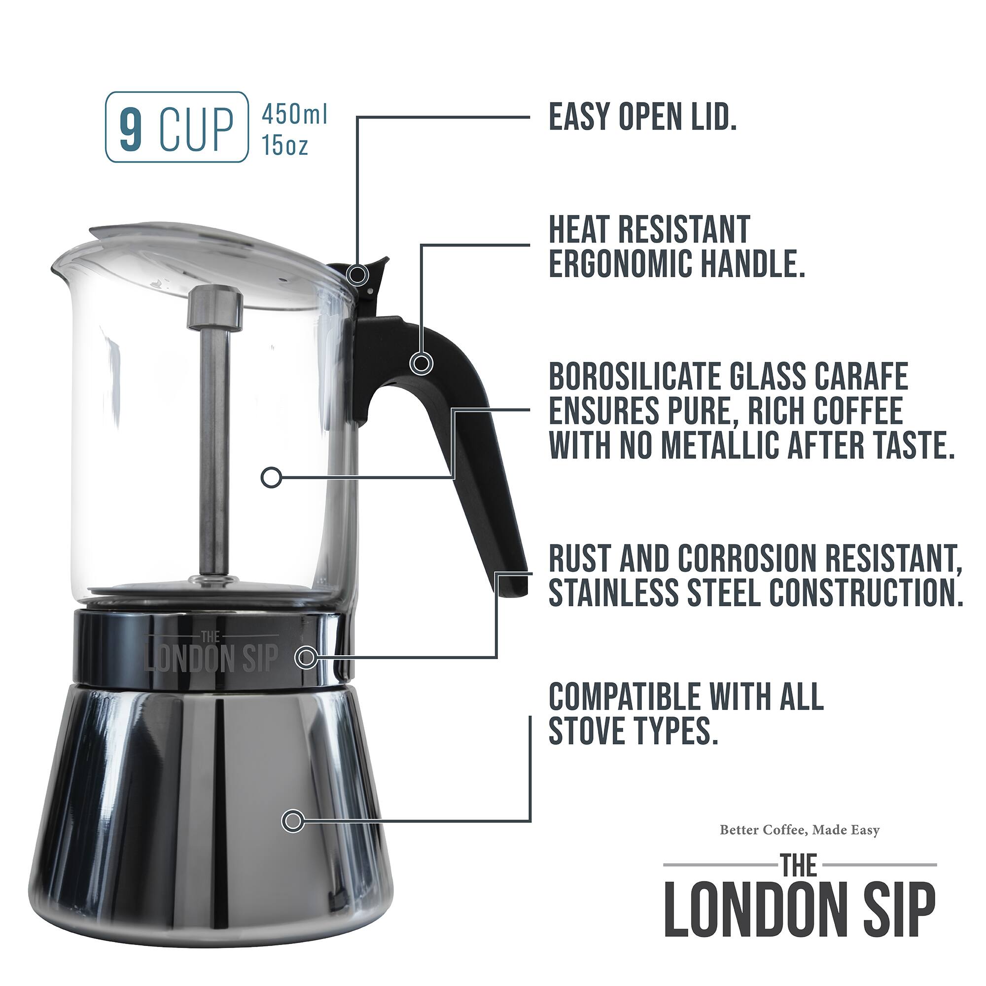 450ml 9 CUP 15oz
EASY OPEN LID.
HEAT RESISTANT ERGONOMIC HANDLE.
BOROSILICATE GLASS CARAFE ENSURES PURE, RICH COFFEE WITH NO METALLIC AFTER TASTE.
RUST AND CORROSION RESISTANT, STAINLESS STEEL CONSTRUCTION.
COMPATIBLE WITH ALL STOVE TYPES.
Better Coffee, Made Easy
THE LONDON SIP