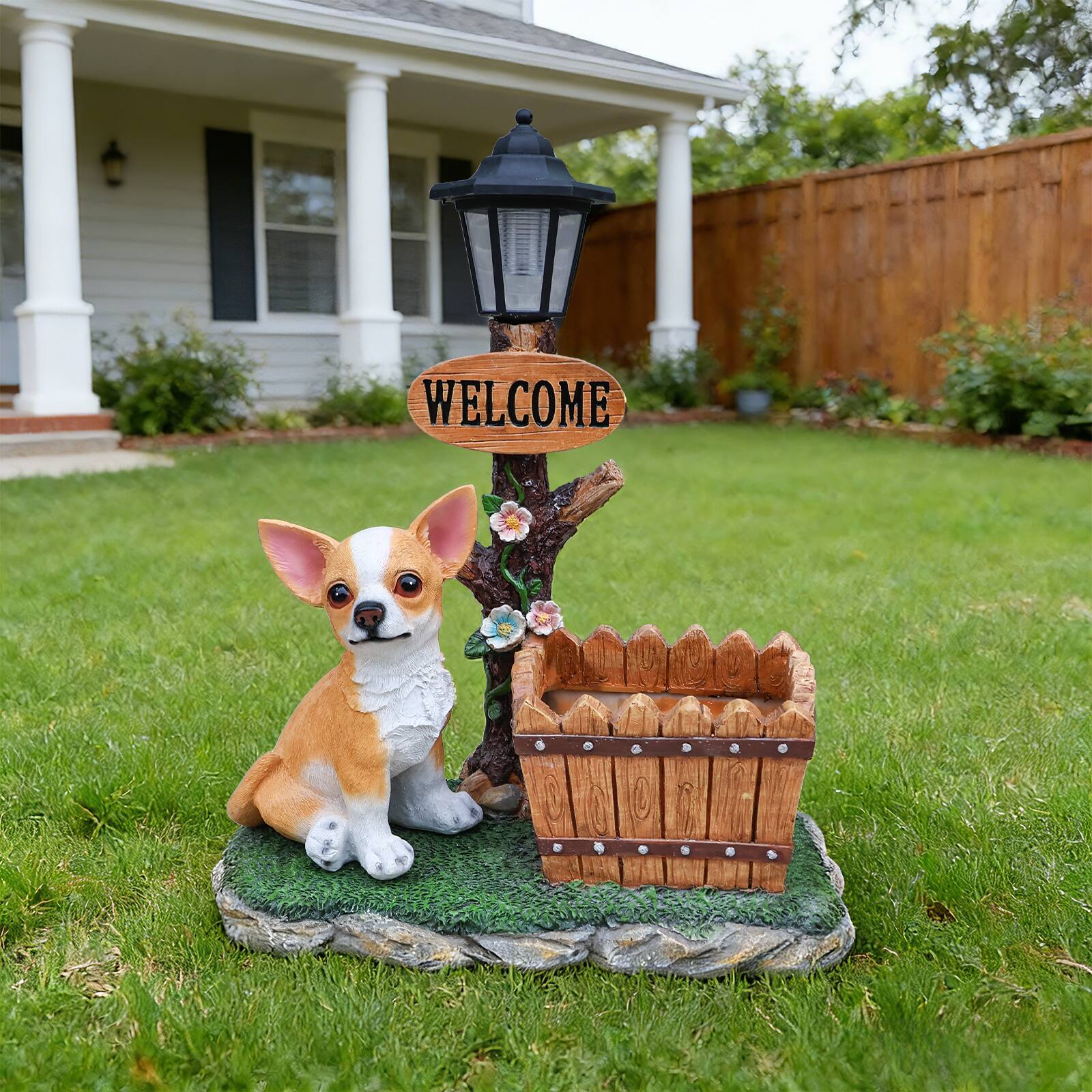 Angle. Anysun - Sitting Chihuahua Dog Planter Statue – Cute Indoor/Outdoor Garden Decor with Built‑In Flower Pot, Weather‑Resistant - Brown.