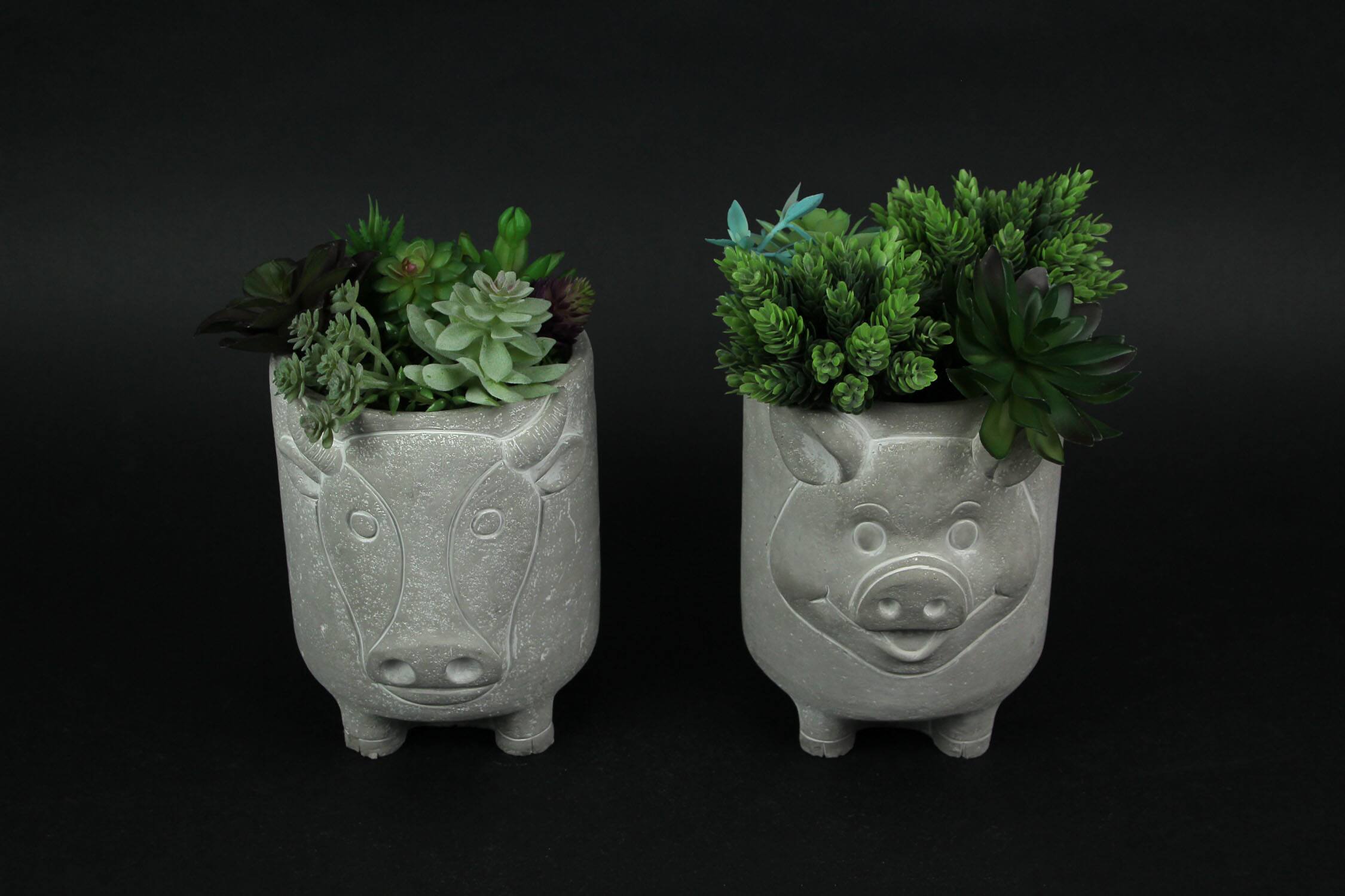 Alt View 1. The Gerson Companies - Set of 2 Natural Gray Barnyard Animal Design Concrete Planters Cow and Pig 8 Inches High - Grey.