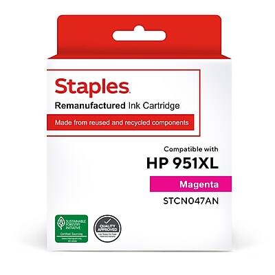Staples  
Remanufactured Ink Cartridge  
Made from reused and recycled components  

Compatible with  
HP 951XL  
Magenta  
STCN047AN  

SUSTAINABLE FORESTRY QUALITY APPROVED  
QUALITY GUARANTEE