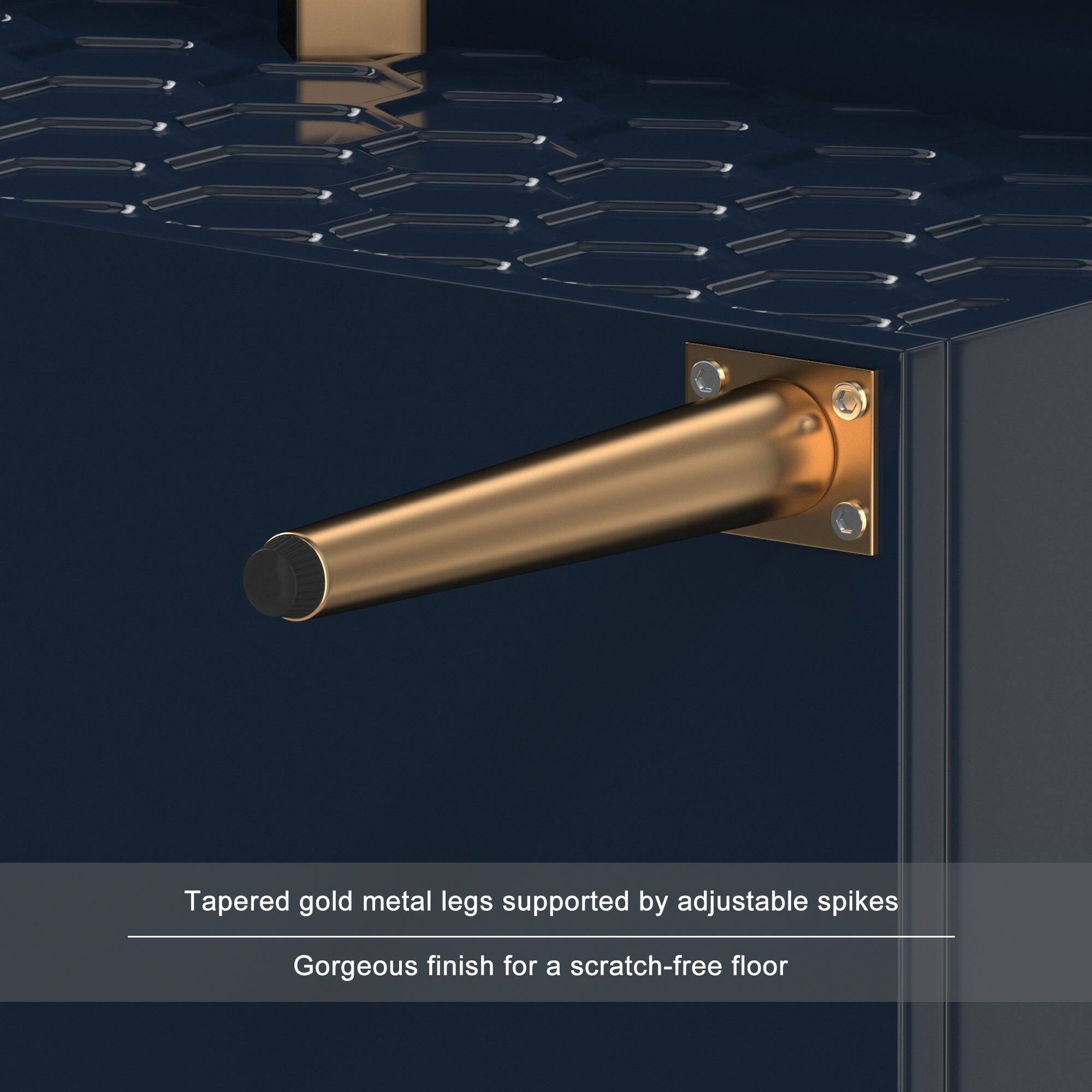 Tapered gold metal legs supported by adjustable spikes  
Gorgeous finish for a scratch-free floor