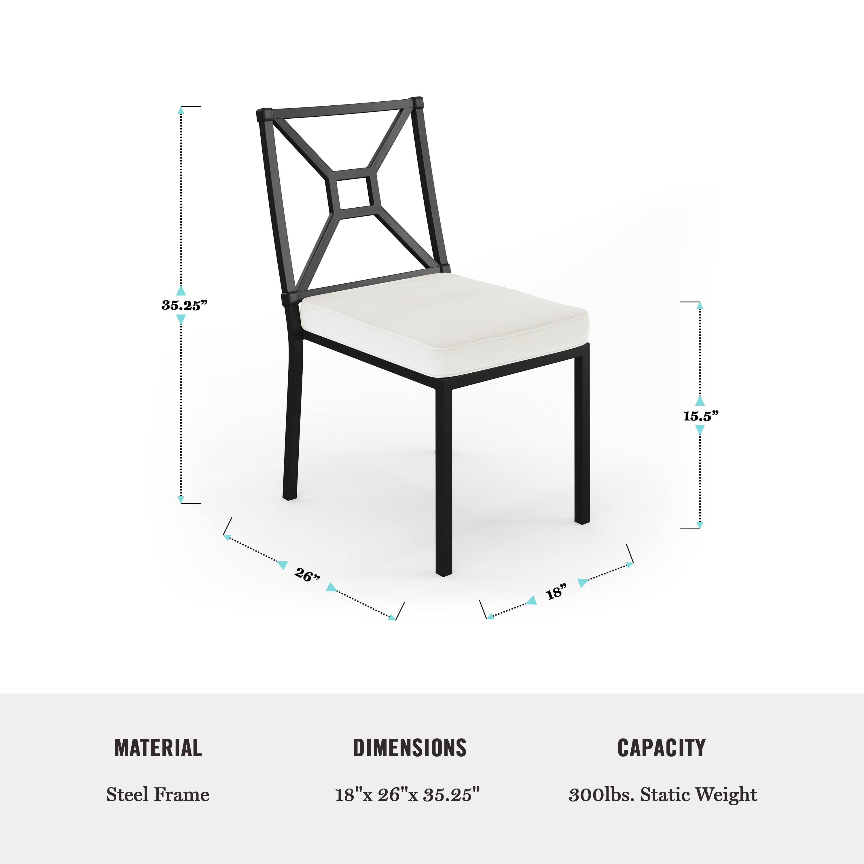 The image features a black and white chair with a steel frame. The chair measures 18"x 26"x 35.25" and has a static weight capacity of 300lbs. The dimensions and material of the chair are clearly displayed, making it easy for potential buyers to understand the product's specifications.
