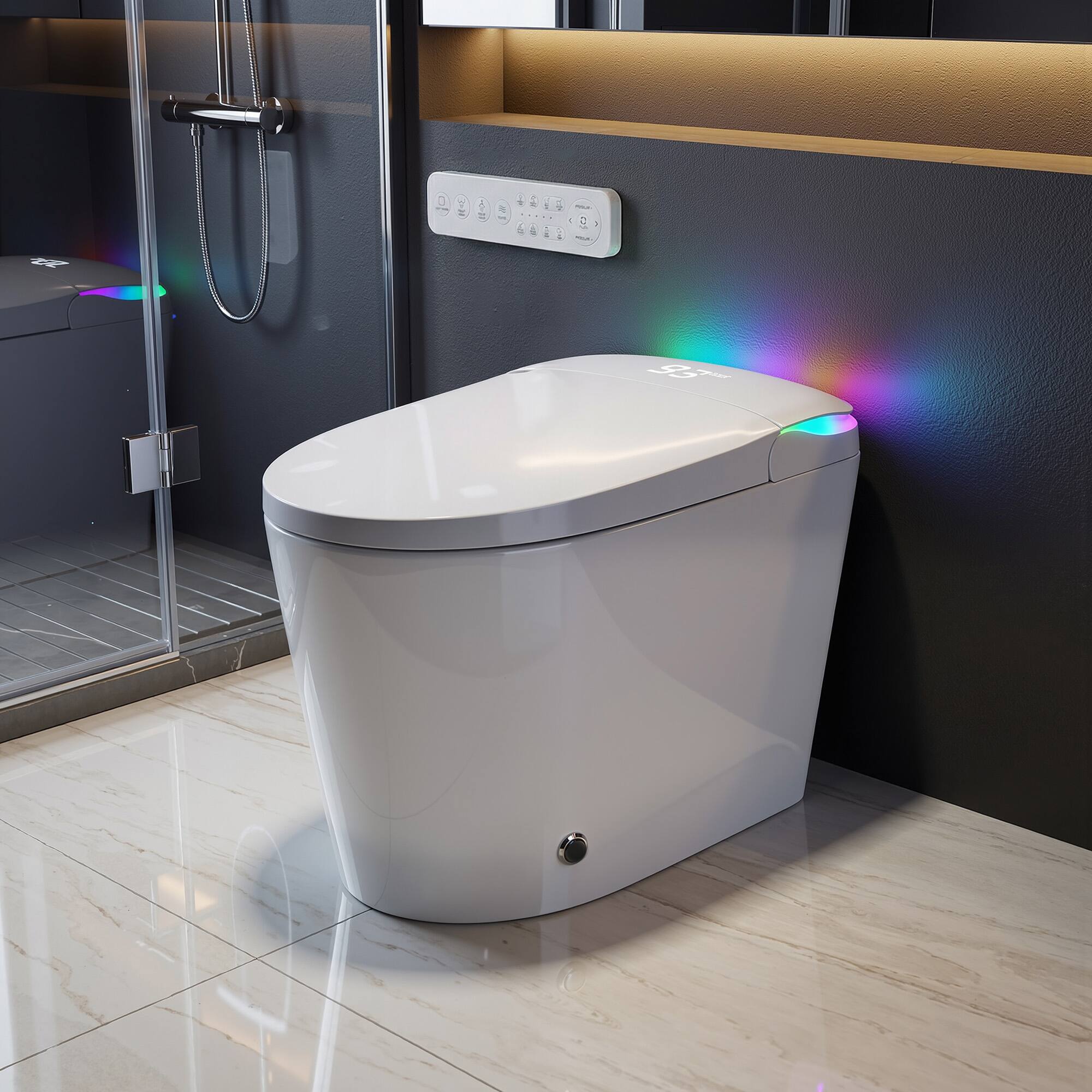 Back. Famapy - Smart Toilet with Foam Shield & Aroma Diffuser-One-Piece Bidet Toilet with Auto Lid Heated Seat Warm Water Wash - White.