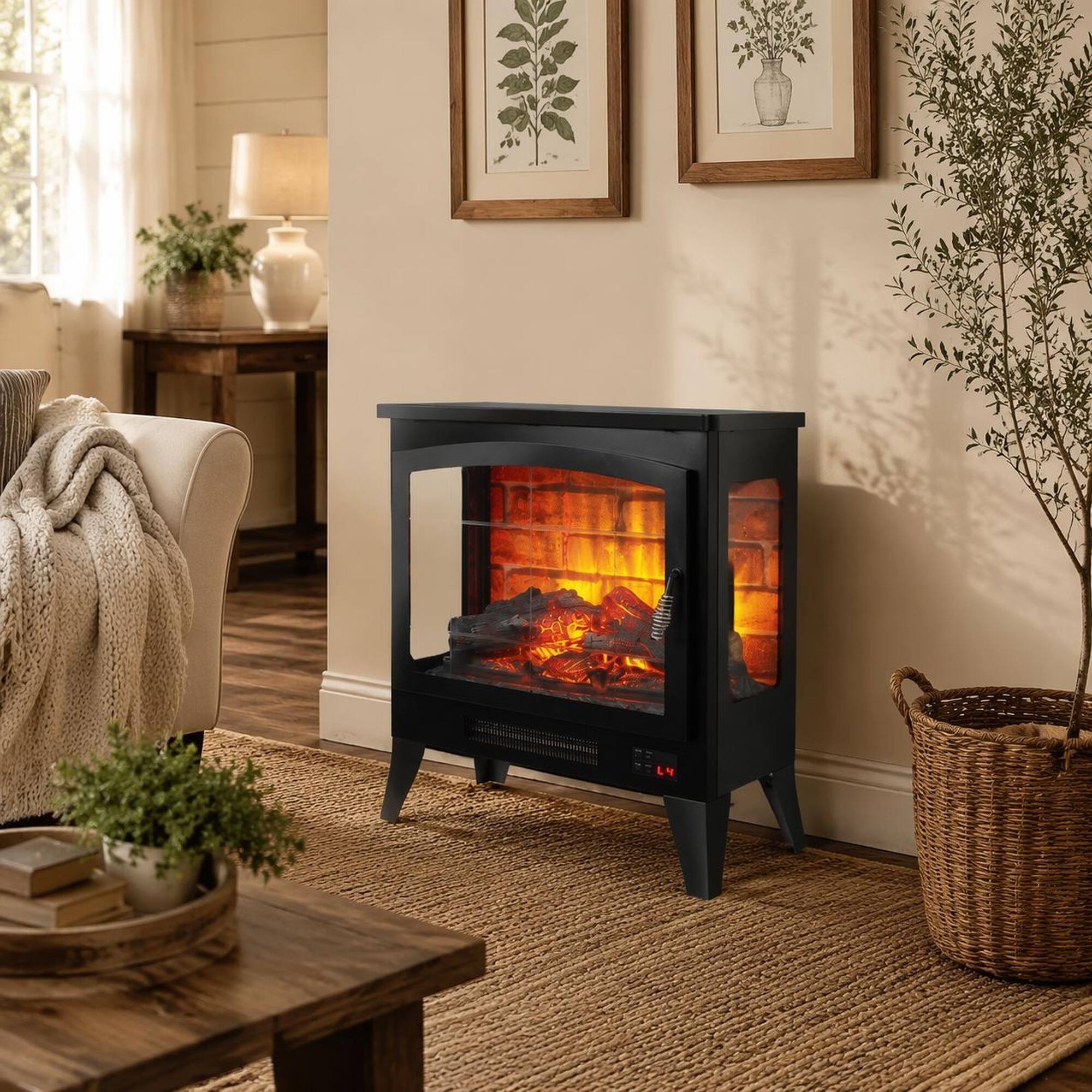 Angle. RYHNUYNE - 21 Inch Three-Sided Freestanding Electric Fireplace Stove Heater with 3D Flame Effect & Remote Control - Antique Black.