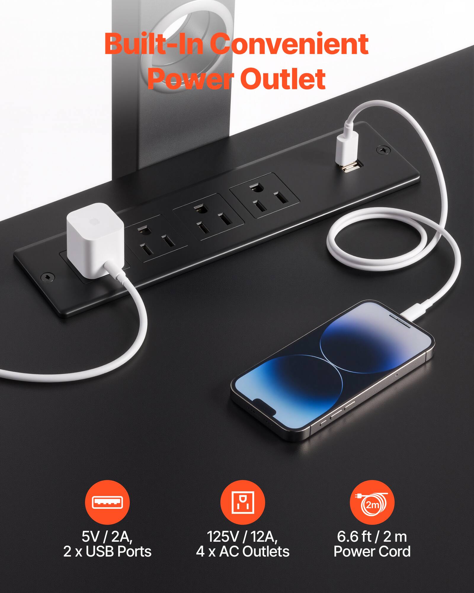 Built-In Convenient Power Outlet + 2m 5V 2A, 2 X USB Ports 125V 12A, 4 X AC Outlets 6.6 ft / 2 m Power Cord