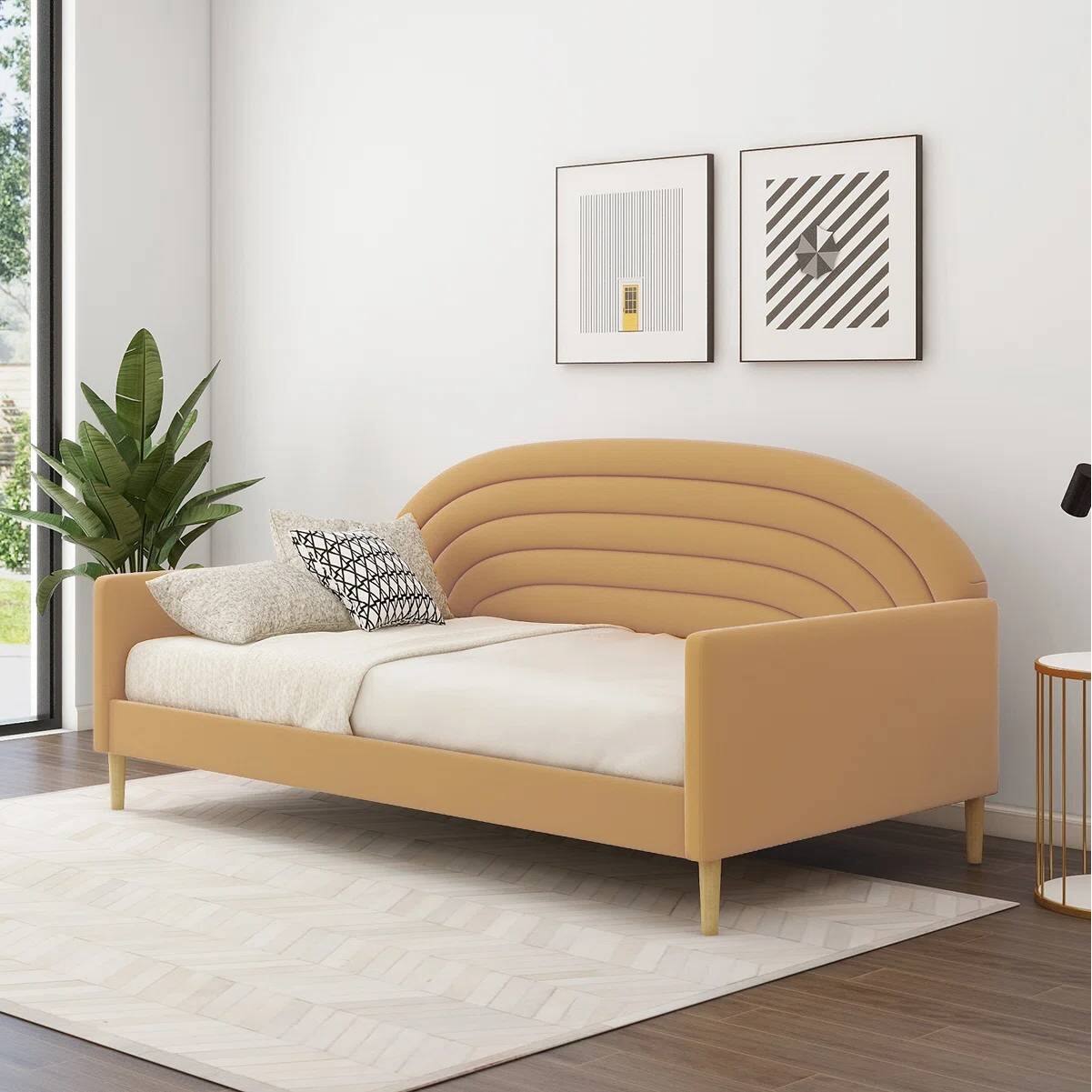 Angle. SlickBlue - Mid-Century Modern Velvet Upholstered Daybed for Bedroom or Living Room - Yellow.