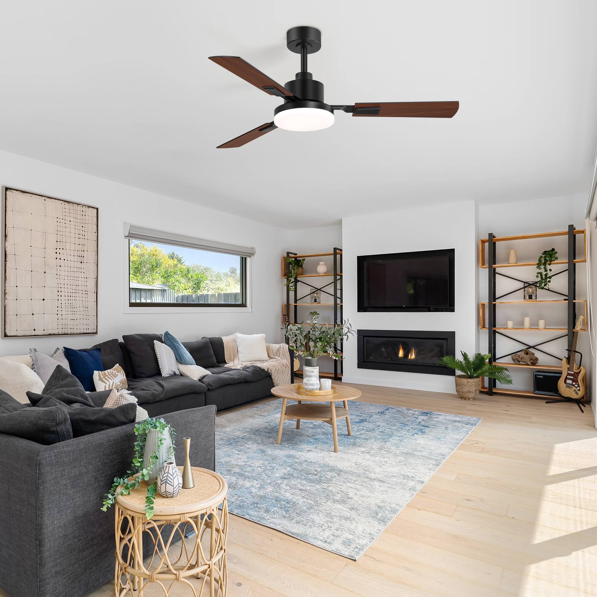 Alt View 1. Breezary - Breezary 52'' Ceiling Fan with 3 Dual-Finish Plywood Blades, 3-Color Light, 6-Speed DC Motor, Remote & Memory Function - Matte Black and Dark Wood Grain.