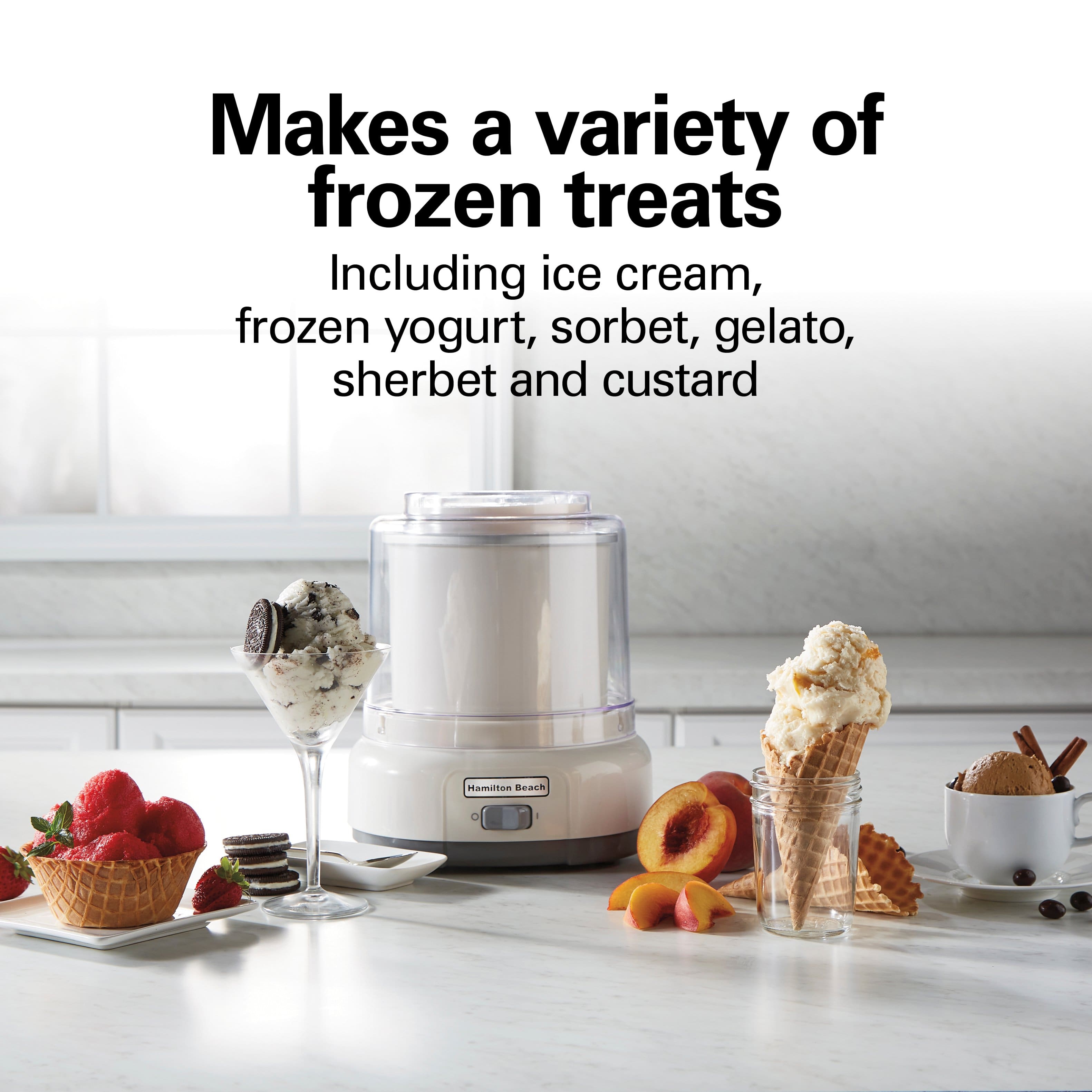 Makes a variety of frozen treats
Including ice cream, frozen yogurt, sorbet, gelato, sherbet and custard
