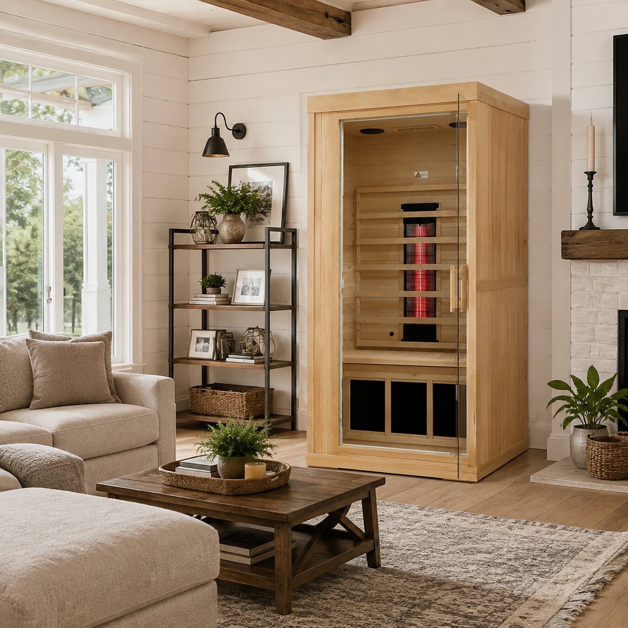 Alt View 1. RYHNUYNE - Single Mini Hemlock Sauna, Canadian Eastern Hemlock Wood, Low EMF Far Infrared, Home Relaxation - Natural.