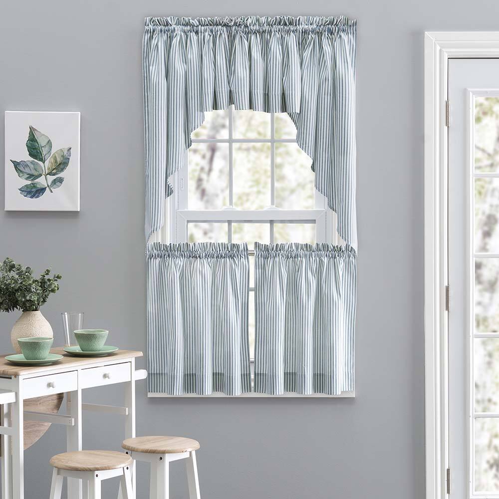Left. Ellis Curtain - Ellis Curtain Plaza Classic Ticking Stripe Printed on Natural Ground 1.5" Rod Pocket Tailored Swag 56" x 36" Blue - Blue.