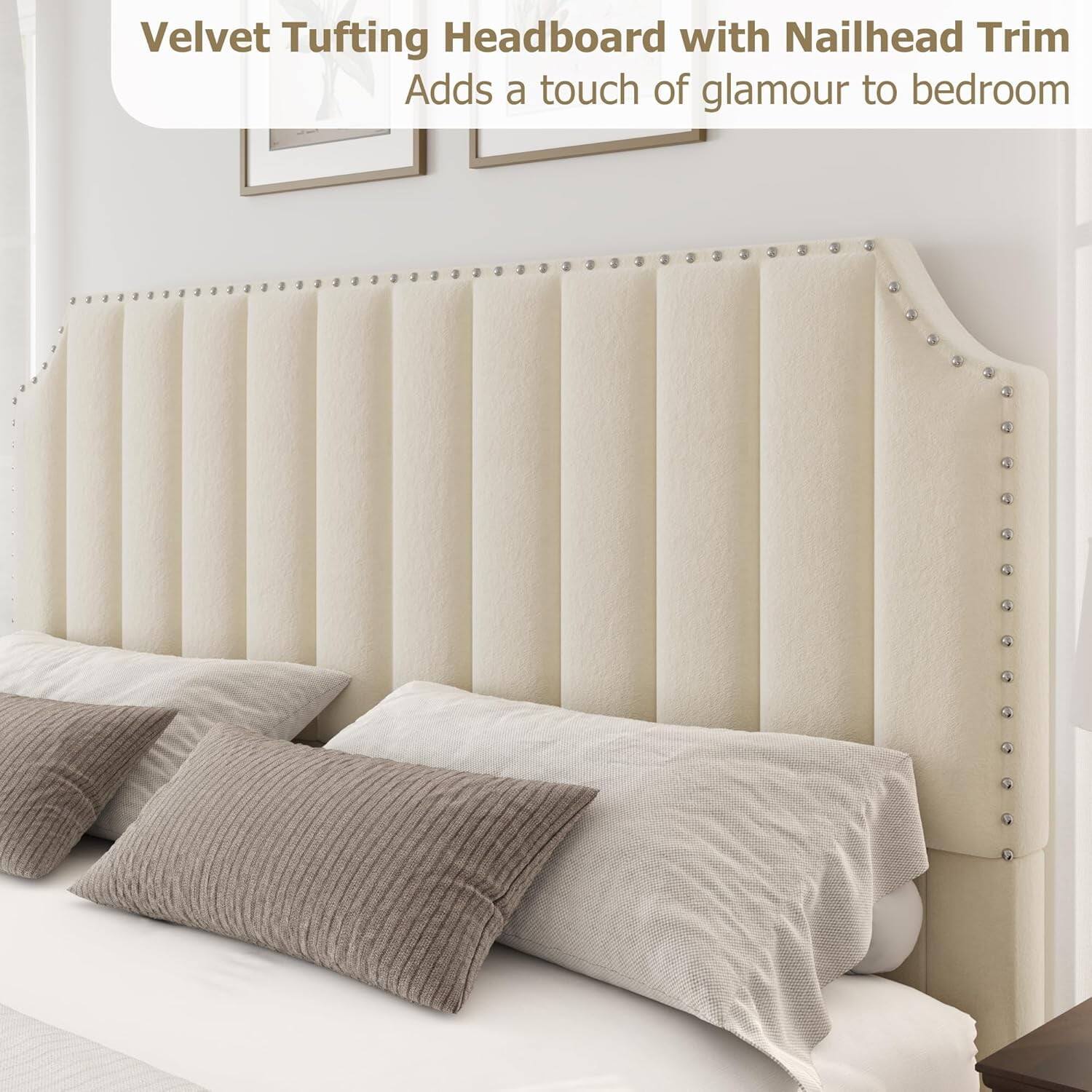 Velvet Tufting Headboard with Nailhead Trim  
Adds a touch of glamour to bedroom
