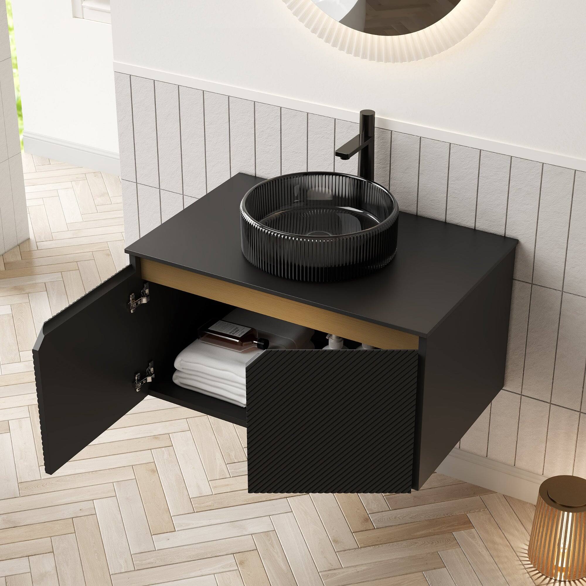 Alt View 2. Boyel Living - 30 Bathroom Vanity with Transparent Black Round Glass Basin Black Sintered Stone - Black.
