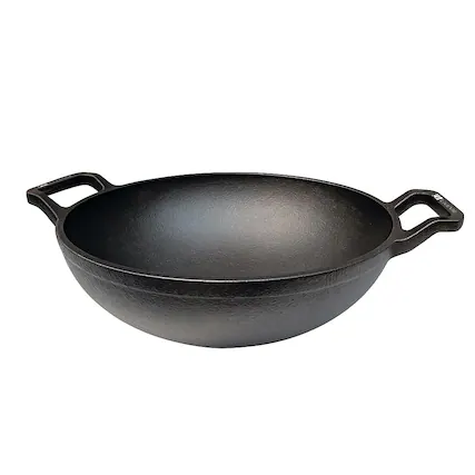 Front. Amber Sporting Goods - Cast Iron Deep Kadai Wok, 9-Inch, Dual Handles, Heavy-Duty Pot for Frying, Stir-Fry & Curries - Black.