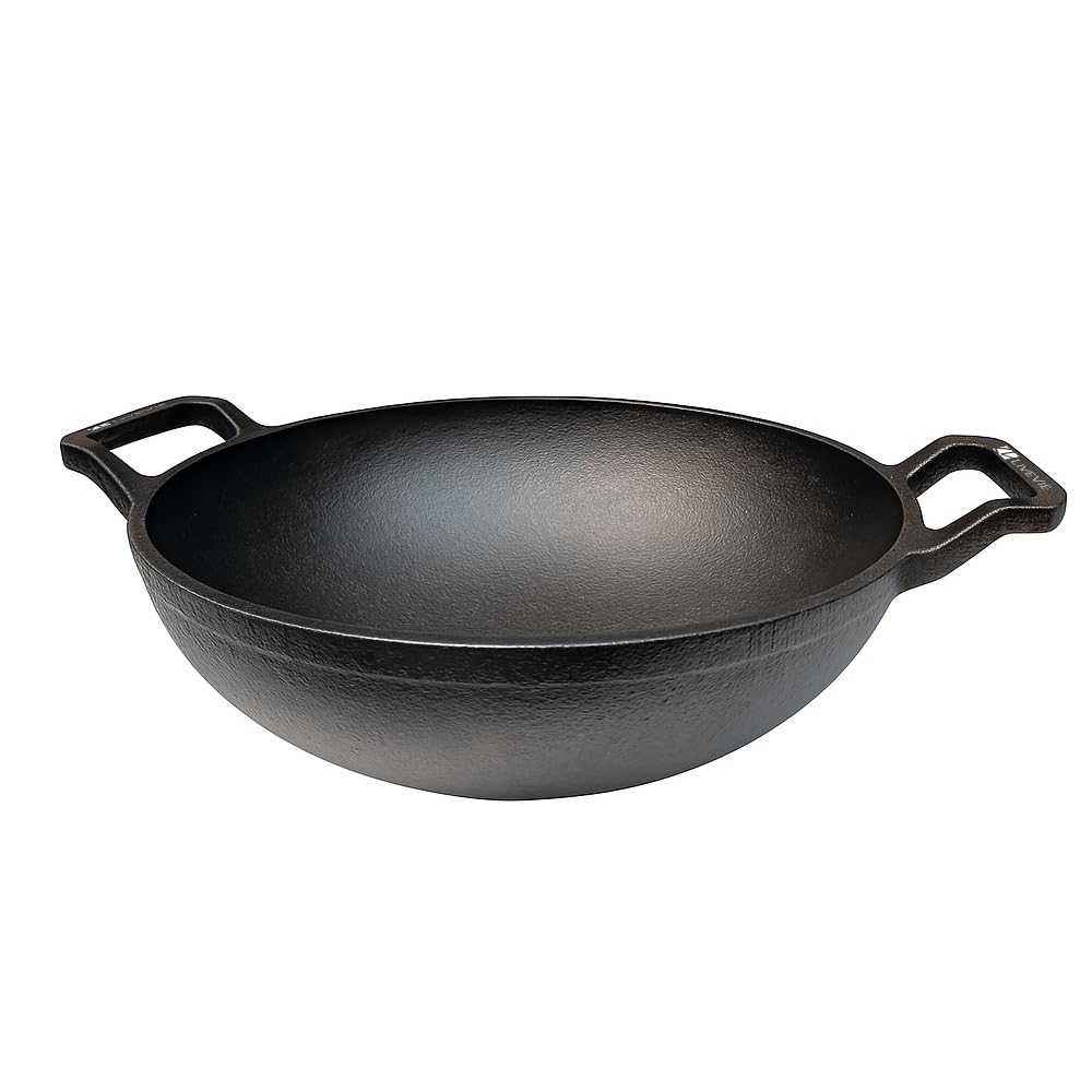 Front. Amber Sporting Goods - Cast Iron Deep Kadai Wok, 9-Inch, Dual Handles, Heavy-Duty Pot for Frying, Stir-Fry & Curries - Black.