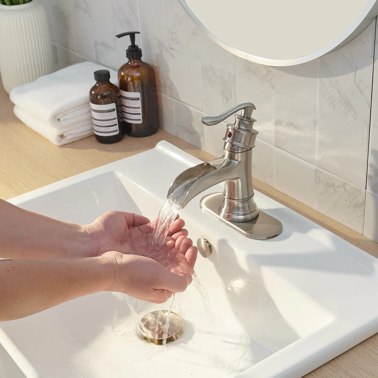 Alt View 3. Boyel Living - Waterfall Single Hole Single-Handle Low-Arc Bathroom Faucet with Pop-up Drain Assembly in Brushed Nickel - Brushed Nickel.