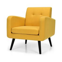 Hivvago - Mid-Century Modern Linen Upholstered Accent Chair with Wooden Legs - Yellow