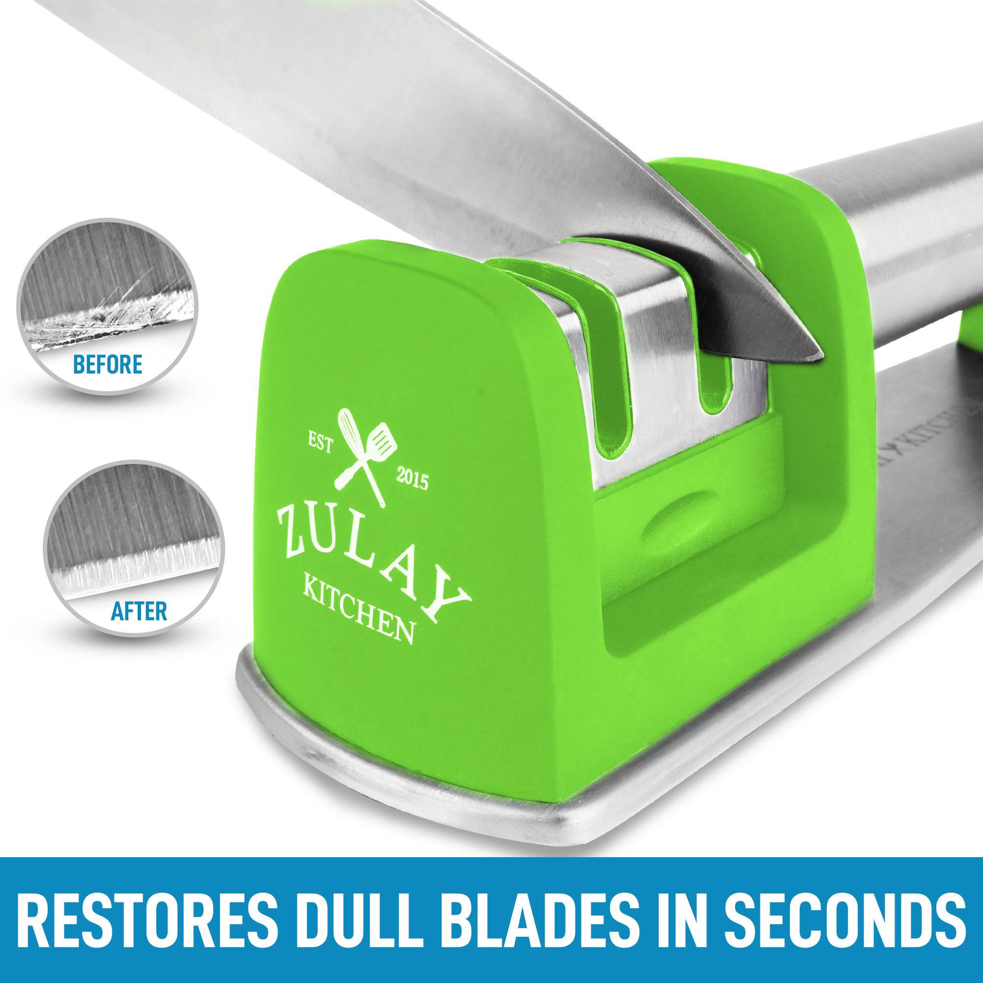 BEFORE AFTER  
EST 2015  
ZULAY KITCHEN  
RESTORES DULL BLADES IN SECONDS