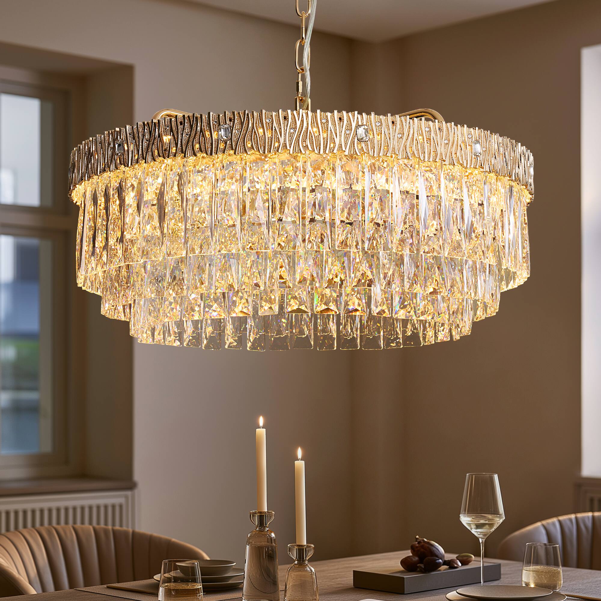 Angle. Siljoy - 24 Inch Round Luxury Champagne Gold Multi-Layer Crystal Chandelier, Ceiling Pendant Light for Living Room and Foyer - Champagne Gold.