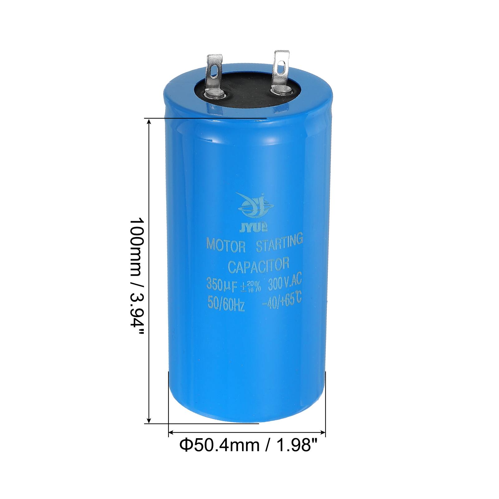 100mm / 3.94" JYUP MOTOR STARTING CAPACITOR 350µF 70% 300V.AC 50/60Hz -40/+65°C 50.4mm / 1.98" / 1.98"