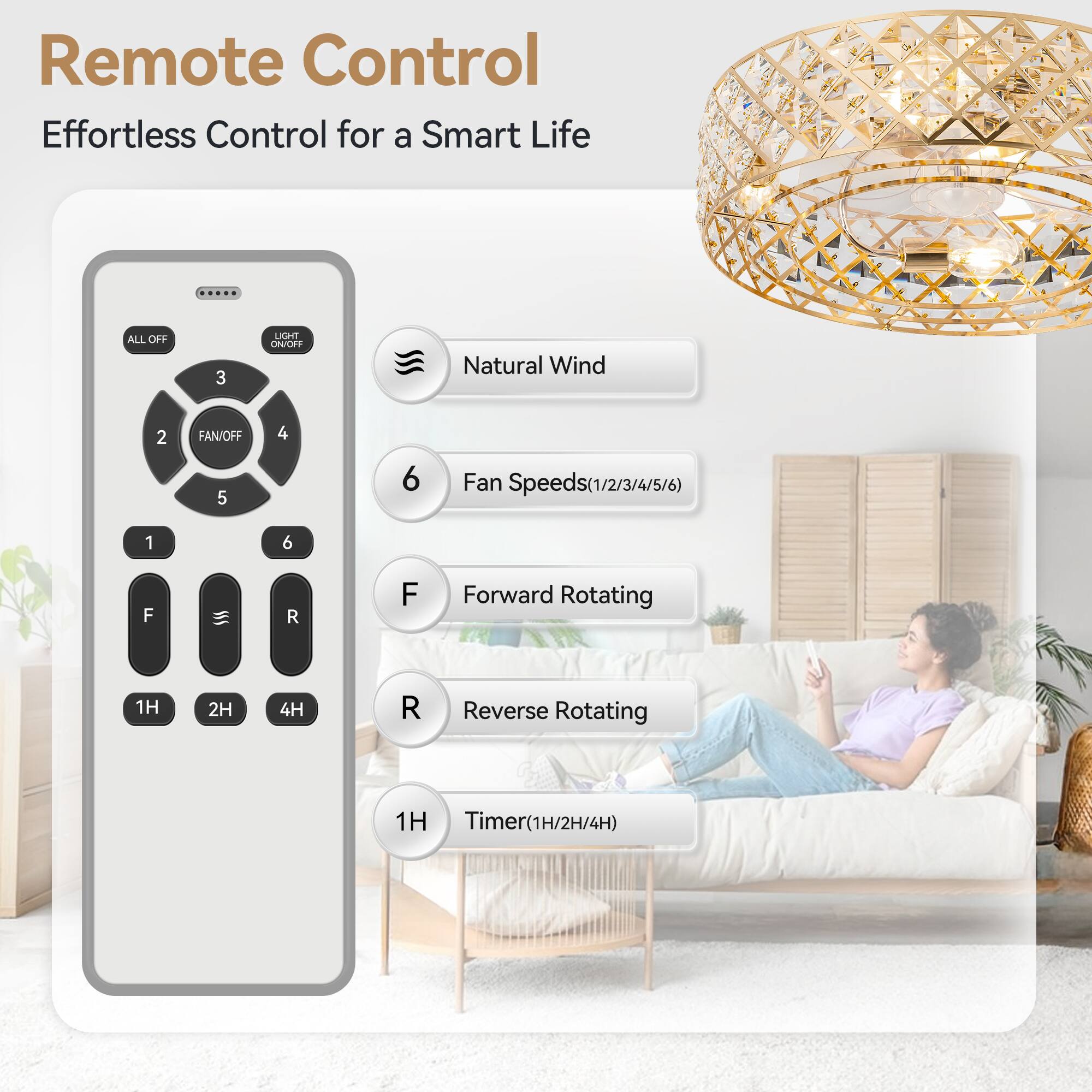 Remote Control  
Effortless Control for a Smart Life  

- ALL OFF  
- LIGHT ON/OFF  
- FAN/OFF  
- Natural Wind  
- Fan Speeds (1/2/3/4/5/6)  
- Forward Rotating  
- Reverse Rotating  
- Timer (1H/2H/4H)  

1H  
2H  
4H